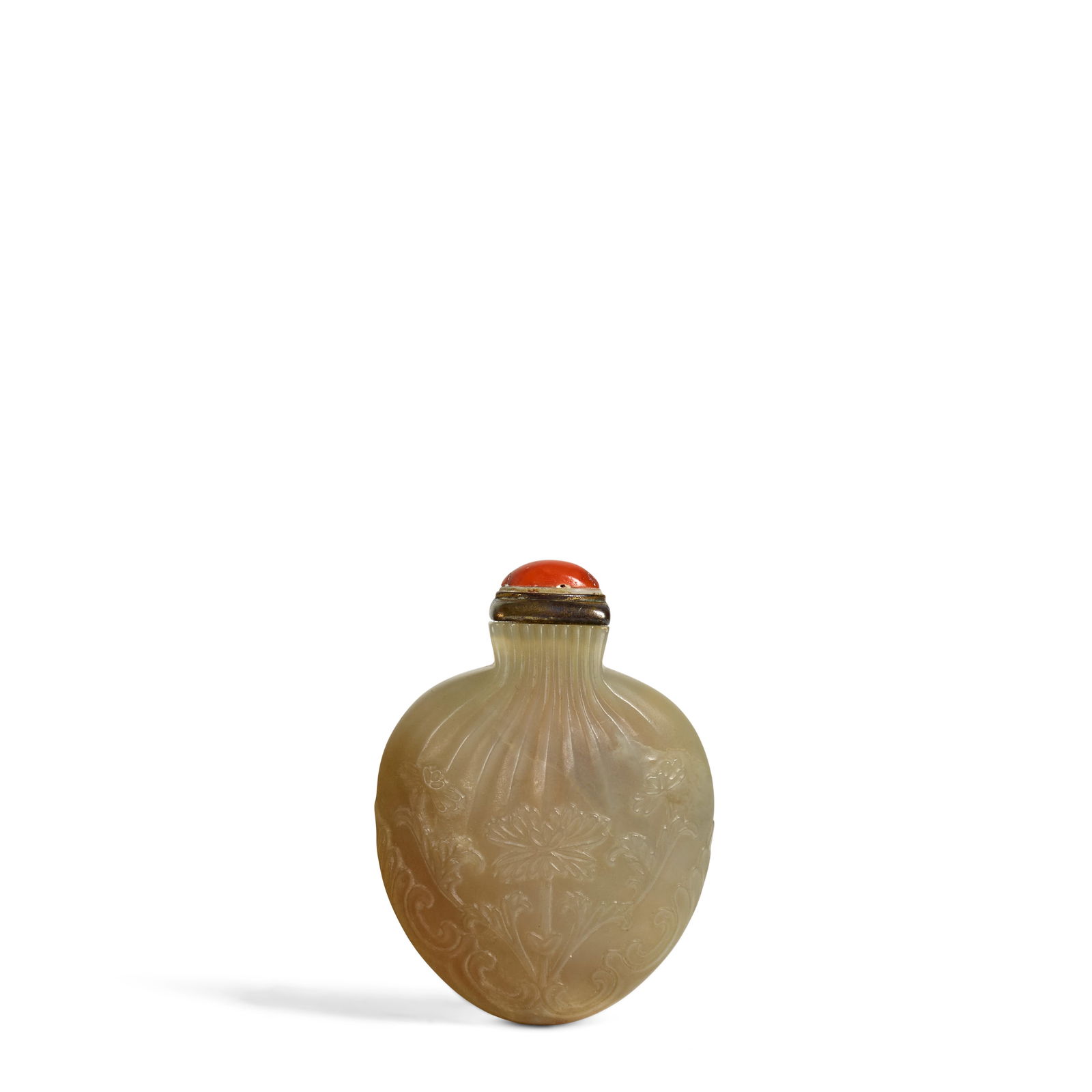 A MUGHAL-STYLE OFF-WHITE, GRAY, AND RUSSET JADE 'PURSE-FORM' SNUFF BOTTLE 1760-1850 (1 of 1)
