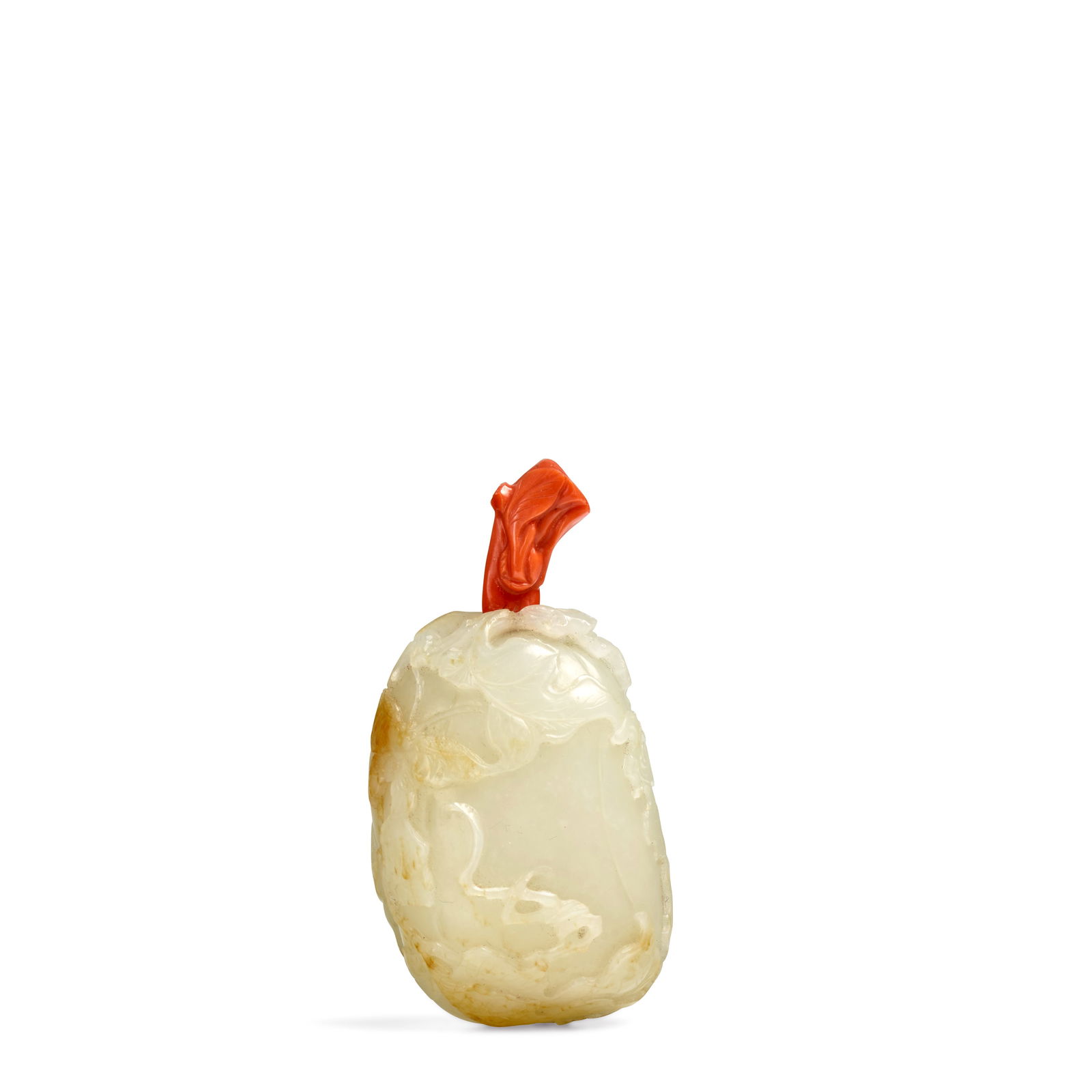 A WHITE AND RUSSET JADE 'MELONS AND BUTTERFLY' SNUFF BOTTLE 1740-1800: A WHITE AND RUSSET JADE 'MELONS AND BUTTERFLY' SNUFF BOTTLE 1740-1800 Of naturalistic shape, carved as a large lobed melon with leafy branches and vine tendrils issuing from the upper half and a butte