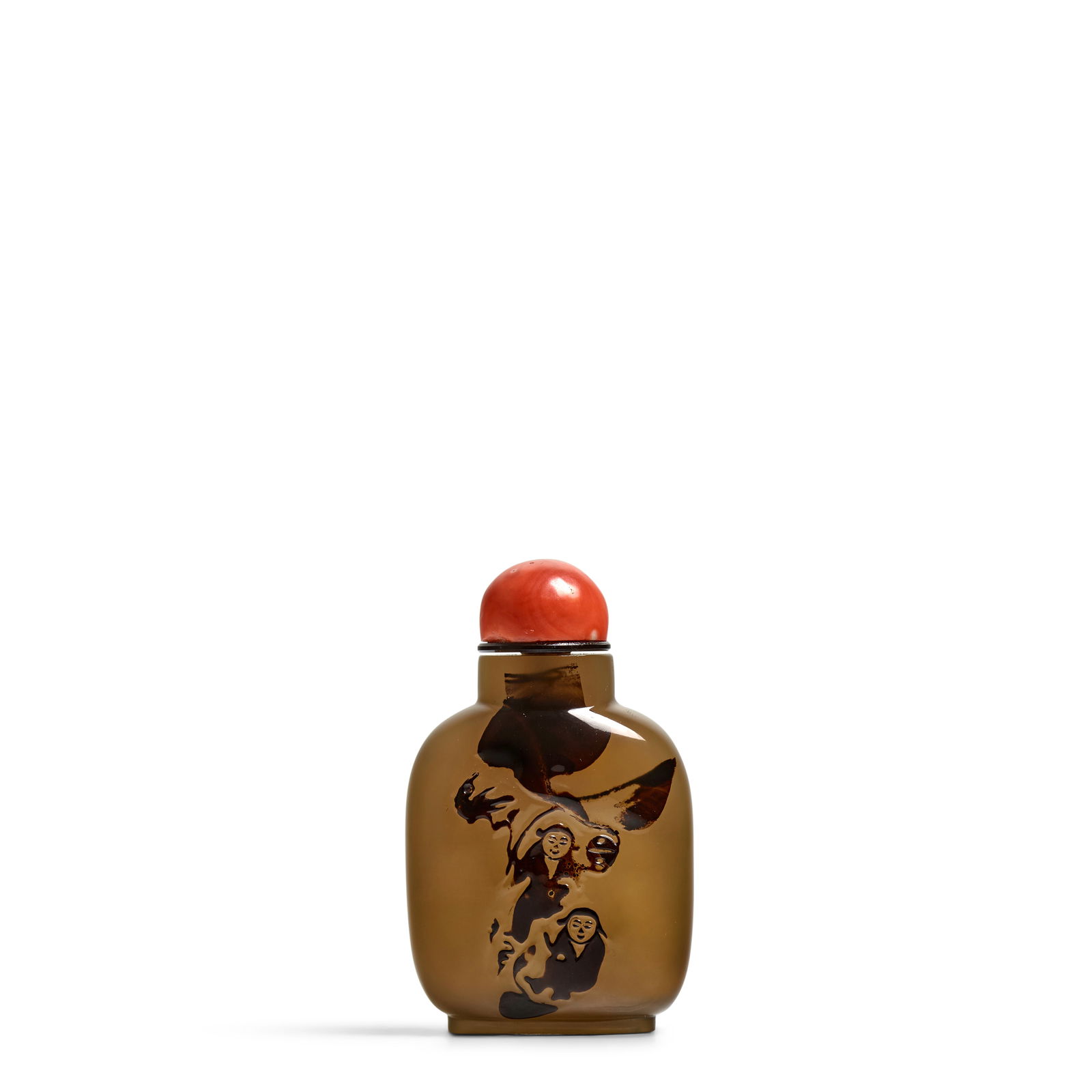 A SHADOW AGATE 'HEHE ERXIAN WITH BATS' SNUFF BOTTLE 1780-1880, Official School (1 of 1)