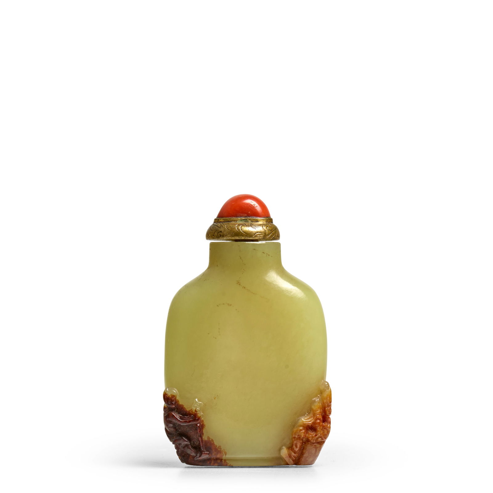 A DARK BROWN, RUSSET AND YELLOW-GREEN JADE 'FARMER AND FISHERMAN' SNUFF BOTTLE 1740-1830, Master... (1 of 1)