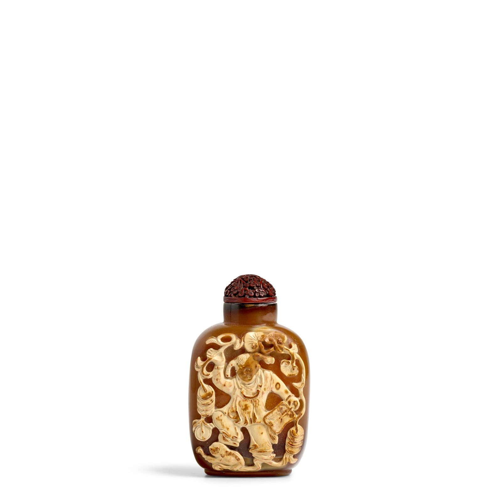 A BEIGE AND BROWN BANDED AGATE 'LIU HAI AND TOAD' SNUFF BOTTLE 1780-1860 (1 of 1)