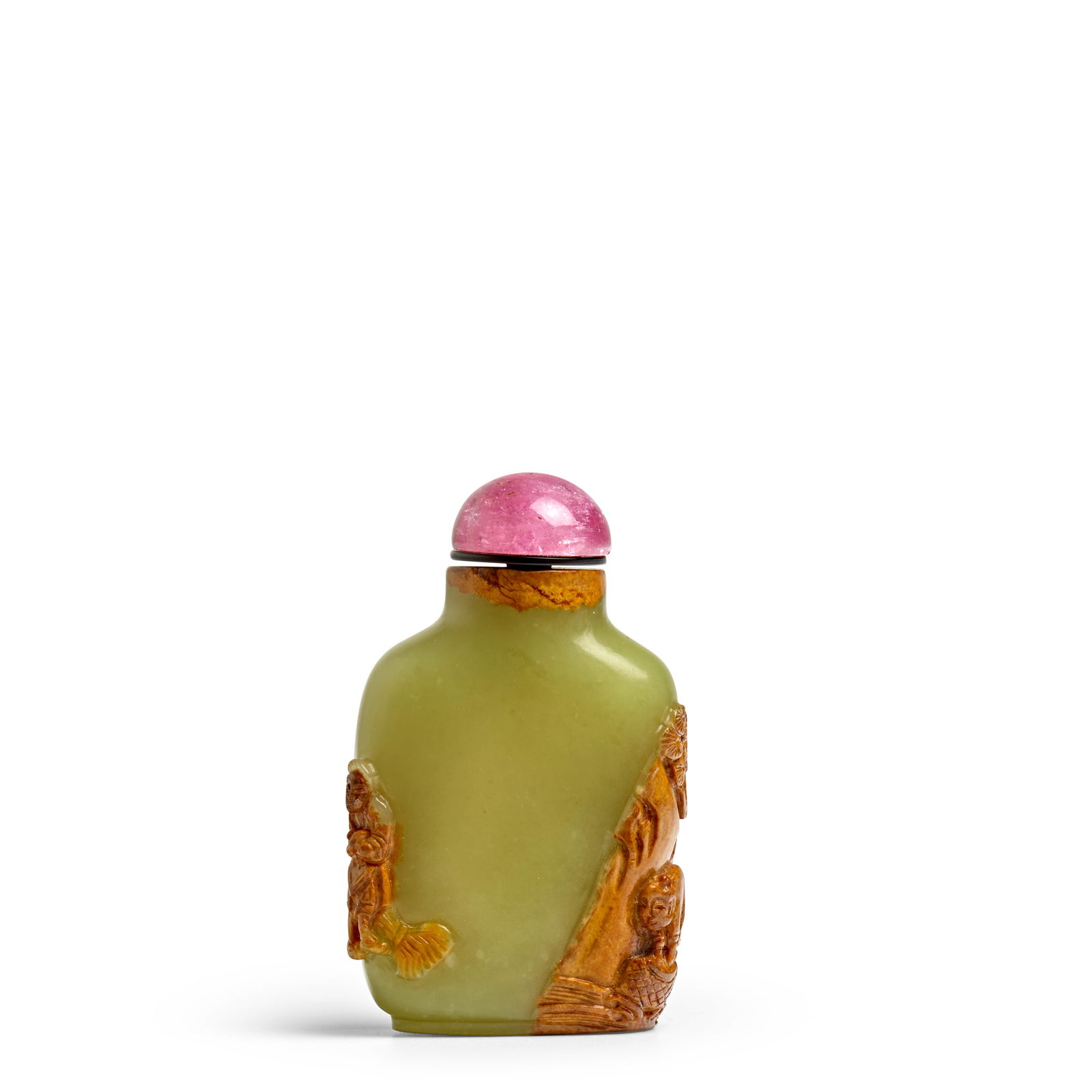 A GREEN AND BROWN JADE 'FARMER AND FISHERMAN' SNUFF BOTTLE 1780-1850, Master of the Rocks School (1 of 1)