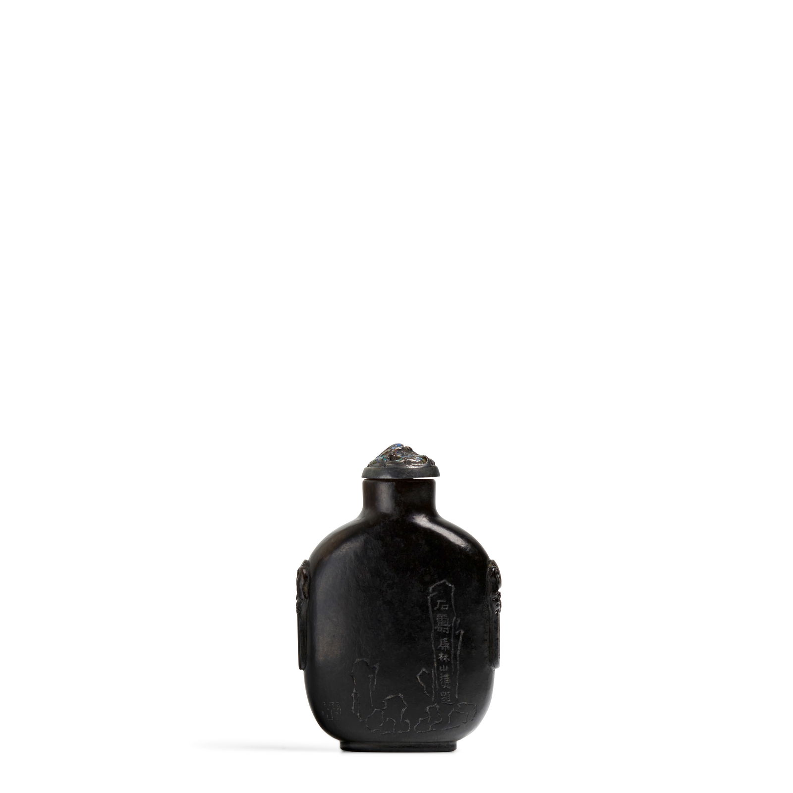 A RARE STAINED BLACK AND GRAY JADE INSCRIBED 'BAIMIAO'-DECORATED SNUFF BOTTLE The bottle, 1770-1...: A RARE STAINED BLACK AND GRAY JADE INSCRIBED 'BAIMIAO'-DECORATED SNUFF BOTTLE The bottle, 1770-1870, inscribed and signed Shishou Shanren (1817-1882) and a seal to the base reading Shishou Shanfang Of