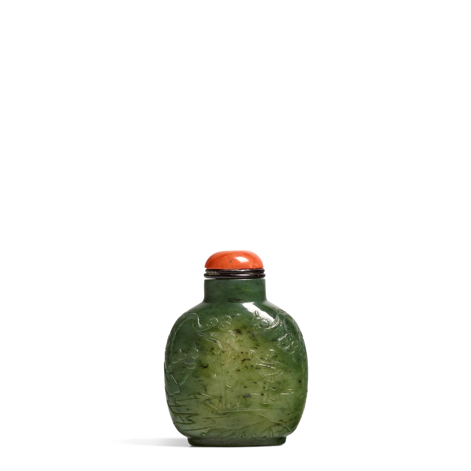 A BLACK-FLECKED SPANICH-GREEN NEPHRITE JADE 'SCHOLAR AND ATTENDANT' SNUFF BOTTLE 1770-1850 (1 of 1)