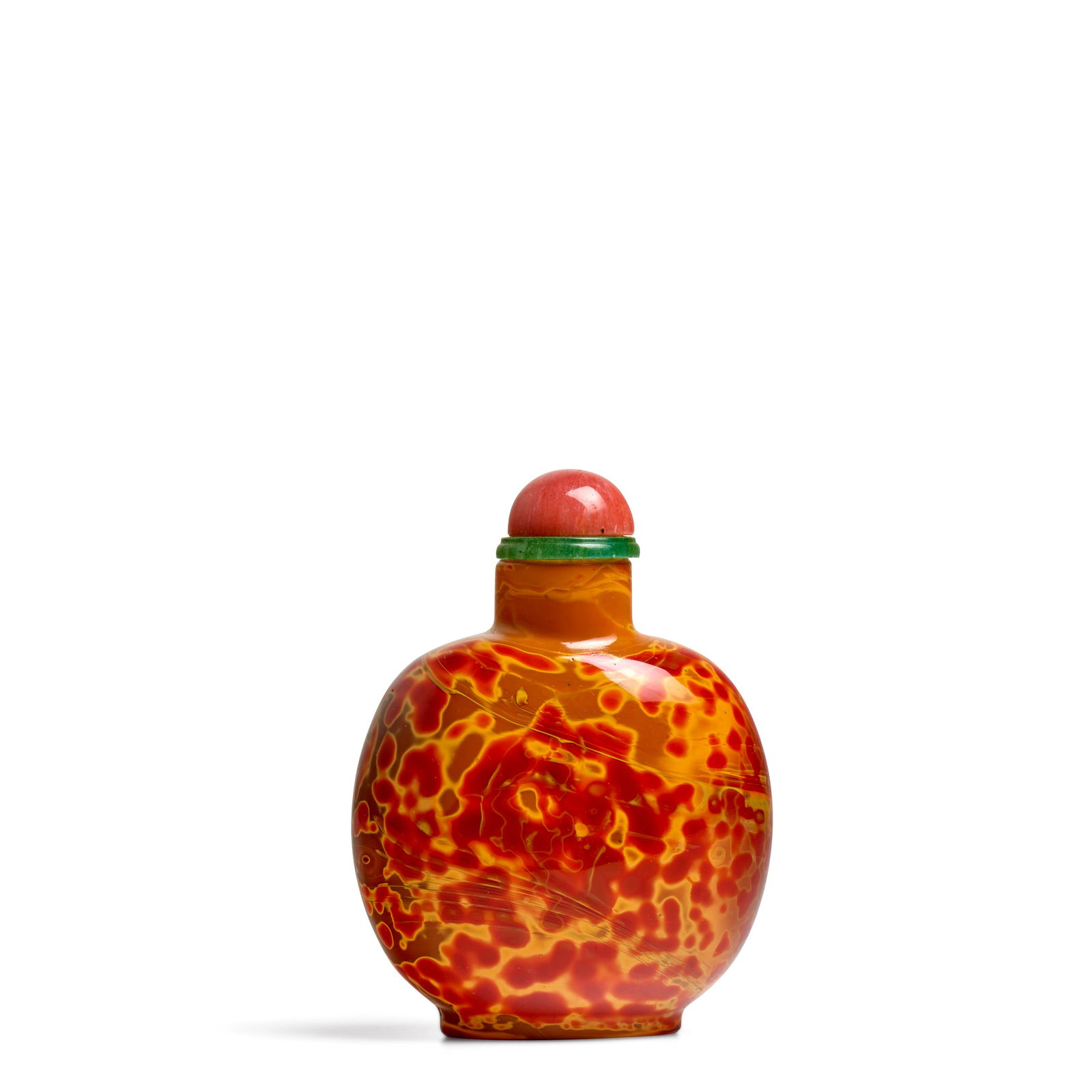 A REALGAR GLASS SNUFF BOTTLE 1730-1820: A REALGAR GLASS SNUFF BOTTLE 1730-1820 Of rounded square shape, the two slightly convex sides meeting at a fine edge outlining the bottle, with vivid splashes of red, orange and yellow in imitation of