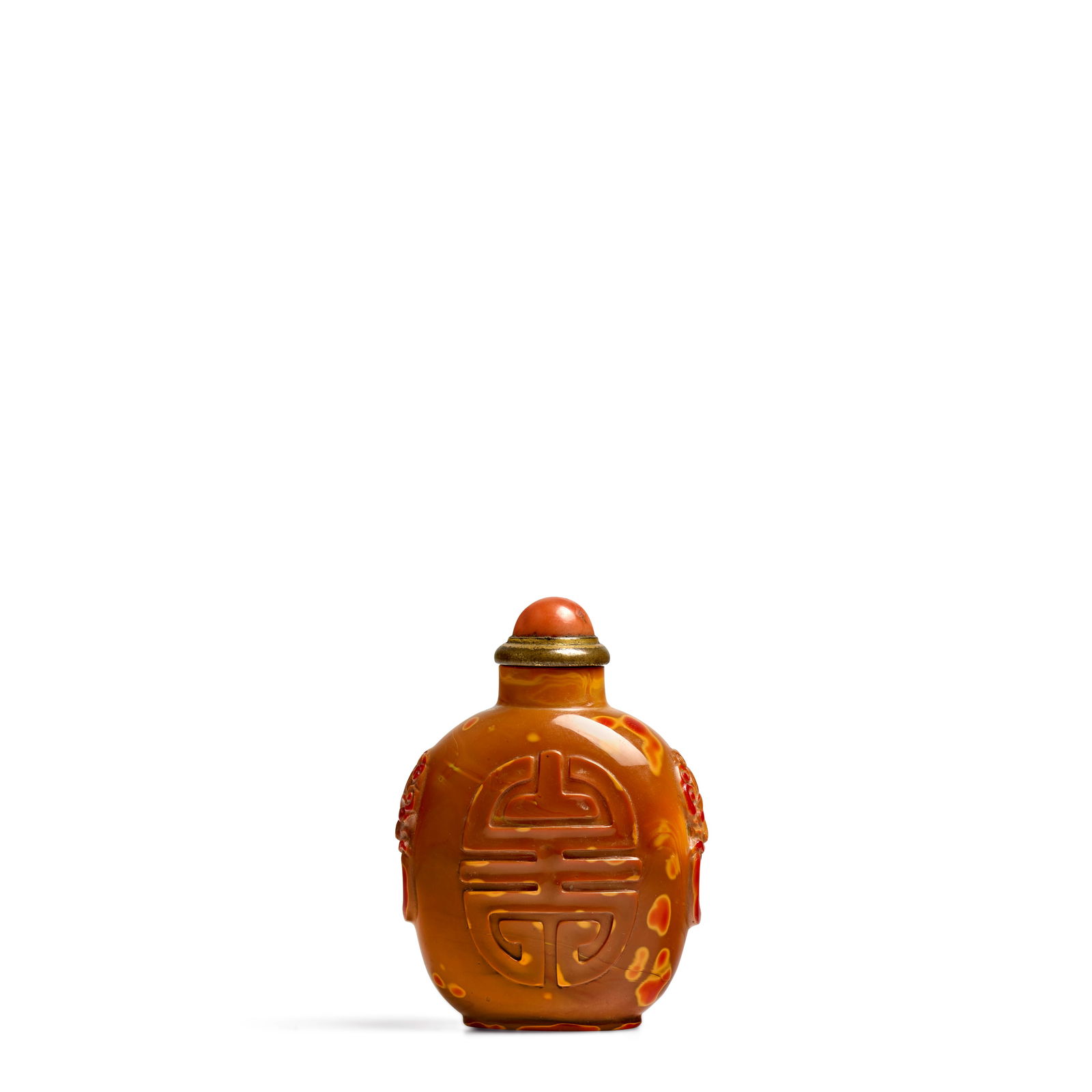 A REALGAR GLASS RELIEF-CARVED 'STYLIZED SHOU CHARACTER' SNUFF BOTTLE 1730-1800 (1 of 1)