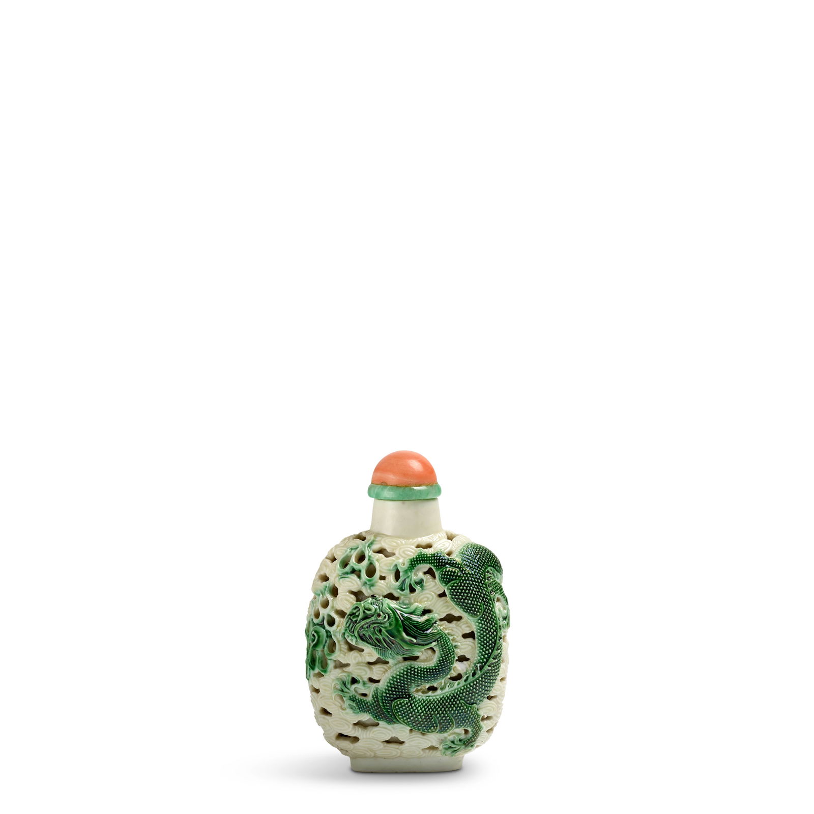 A WHITE AND GREEN-GLAZED RETICULATED PORCELAIN 'DRAGON' SNUFF BOTTLE 1820-1880 (1 of 1)