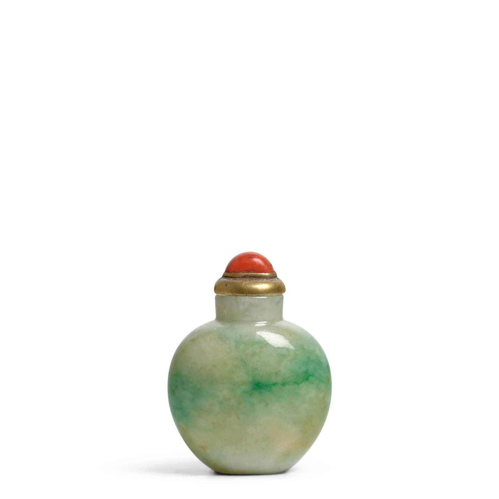 AN APPLE-GREEN AND EMERALD-FLECKED JADEITE SPADE-SHAPED SNUFF BOTTLE 1820-1880 (1 of 1)