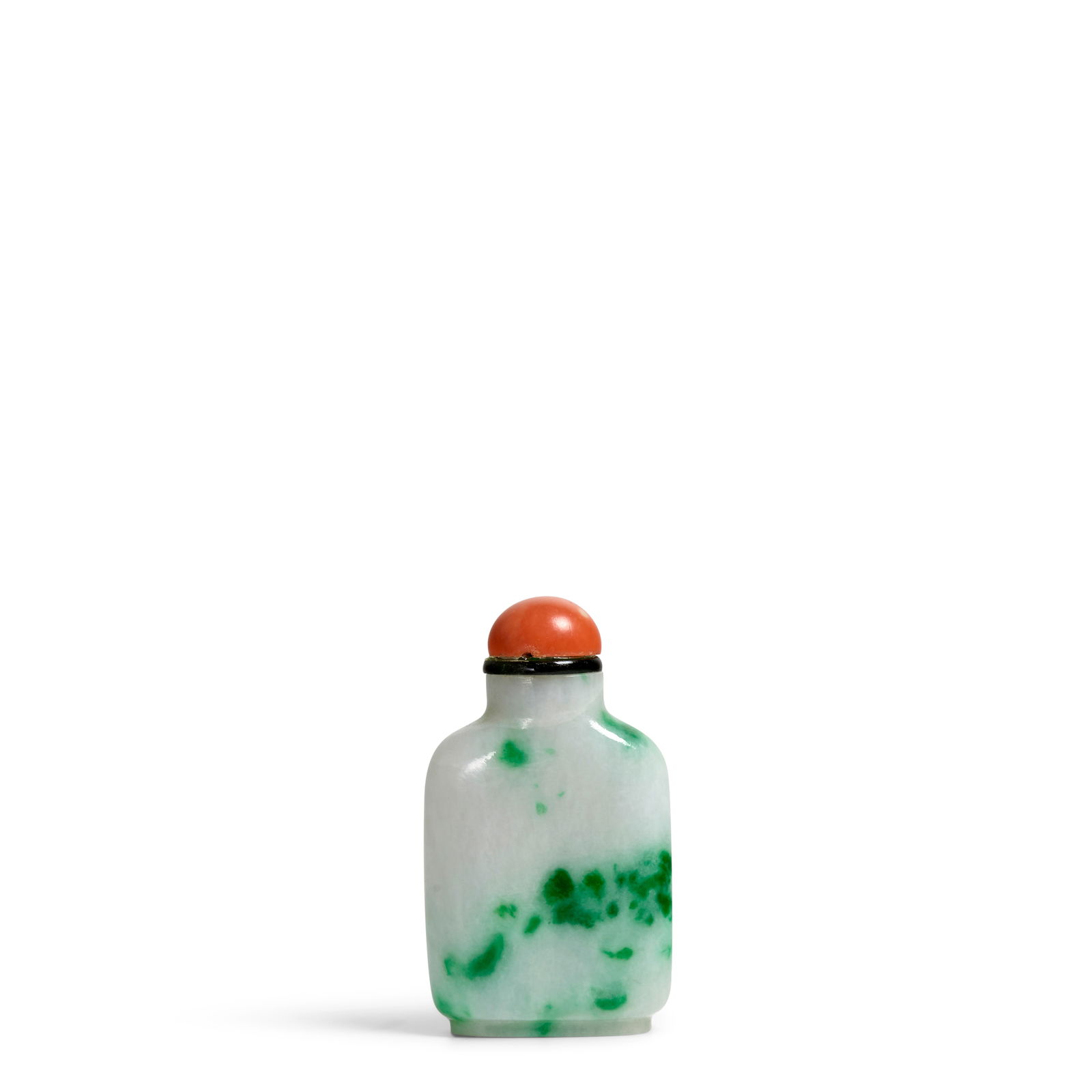 A WHITE AND APPLE-GREEN FLECKED JADEITE SNUFF BOTTLE 1780-1850: A WHITE AND APPLE-GREEN FLECKED JADEITE SNUFF BOTTLE 1780-1850 Of rounded rectangular shape, with a wide, flat oval foot ring and short cylindrical neck with regular mouth, the primarily white stone w