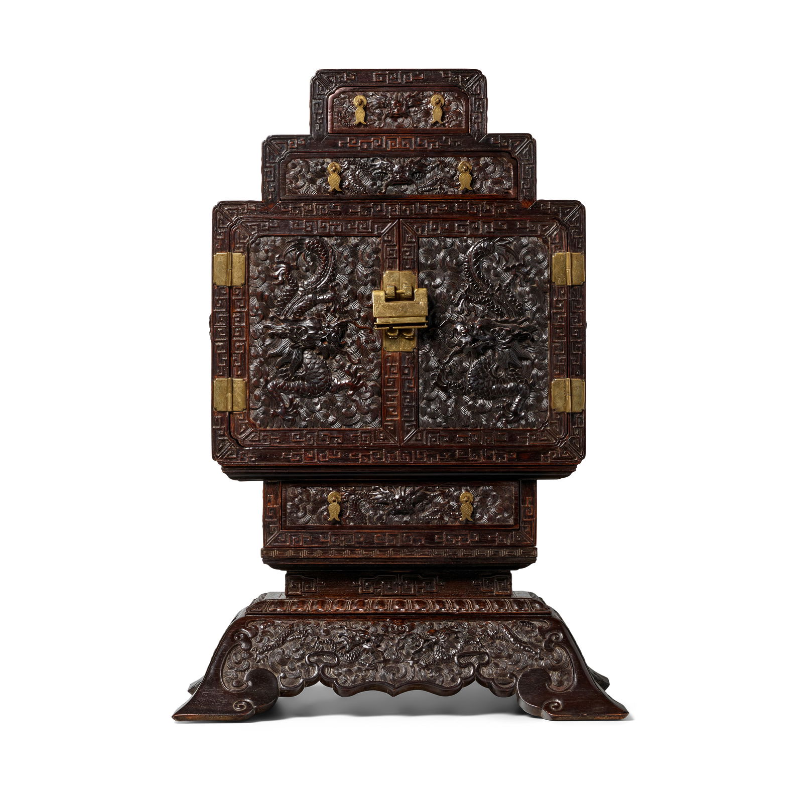 A SPLENDID 'DRAGON IN CLOUDS' ZITAN CABINET Qing Dynasty, 19th century: A SPLENDID 'DRAGON IN CLOUDS' ZITAN CABINET Qing Dynasty, 19th century The rectangular cabinet with chamfered corners, the double front doors framed and secured in place by four gilded hinges and lock