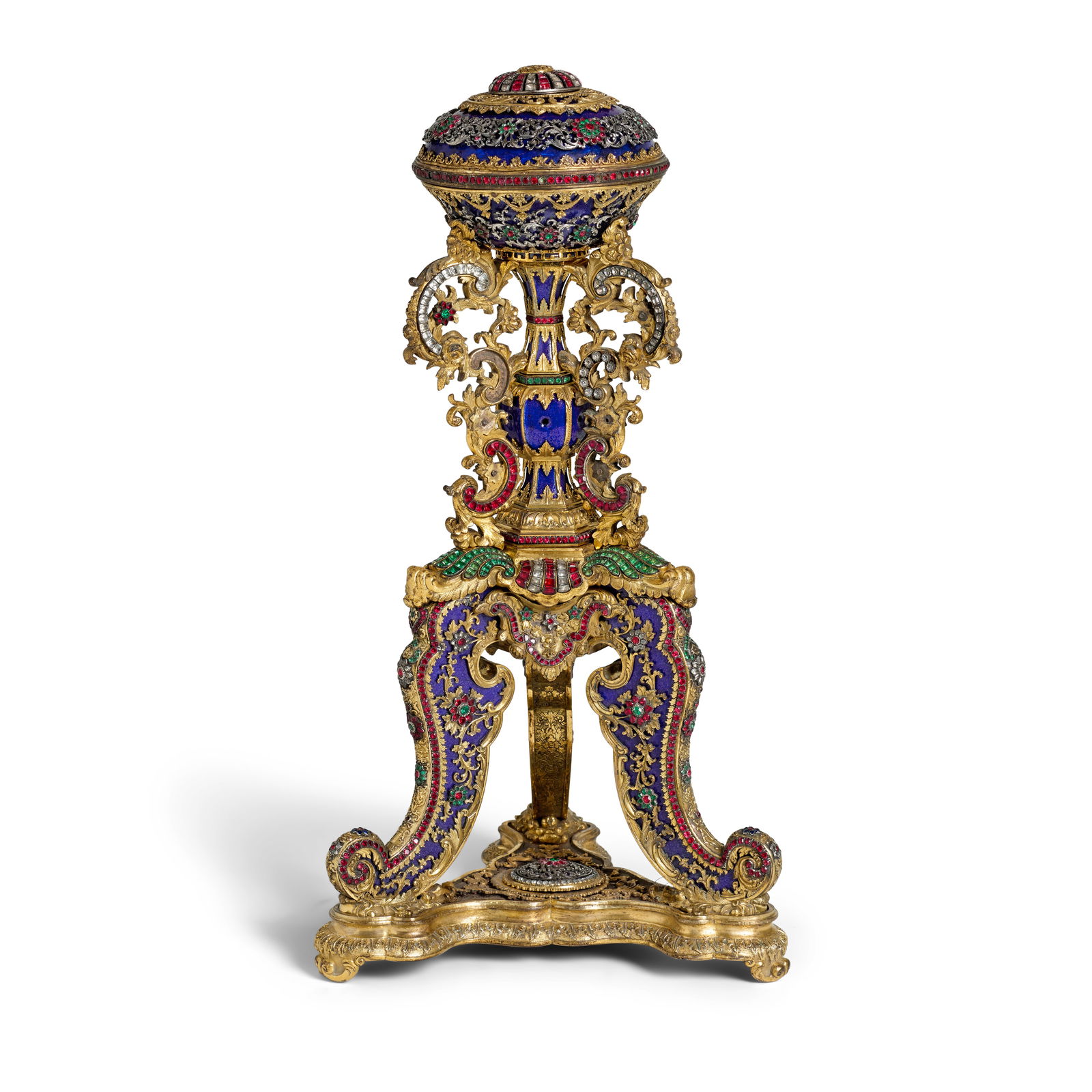 A RARE AND IMPRESSIVE GLASS AND ENAMEL-DECORATED GILT METAL ORMOLU HAT STAND Qianlong: A RARE AND IMPRESSIVE GLASS AND ENAMEL-DECORATED GILT METAL ORMOLU HAT STAND Qianlong The slender baluster body flanked by three ornate openwork fronds and rising to a compressed spherical head with a