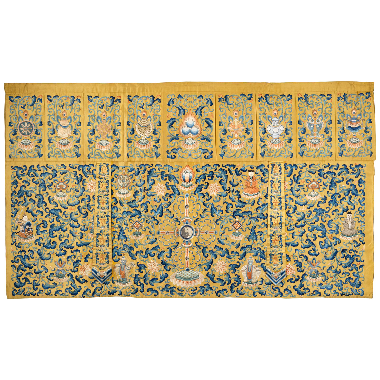 AN IMPERIAL SILK EMBROIDERED BUDDHIST ALTAR FRONTAL Qianlong: AN IMPERIAL SILK EMBROIDERED BUDDHIST ALTAR FRONTAL Qianlong The top valance finely decorated with the Buddhist Bajixiang centering a cluster of flaming pearl, the large panel underneath presenting th