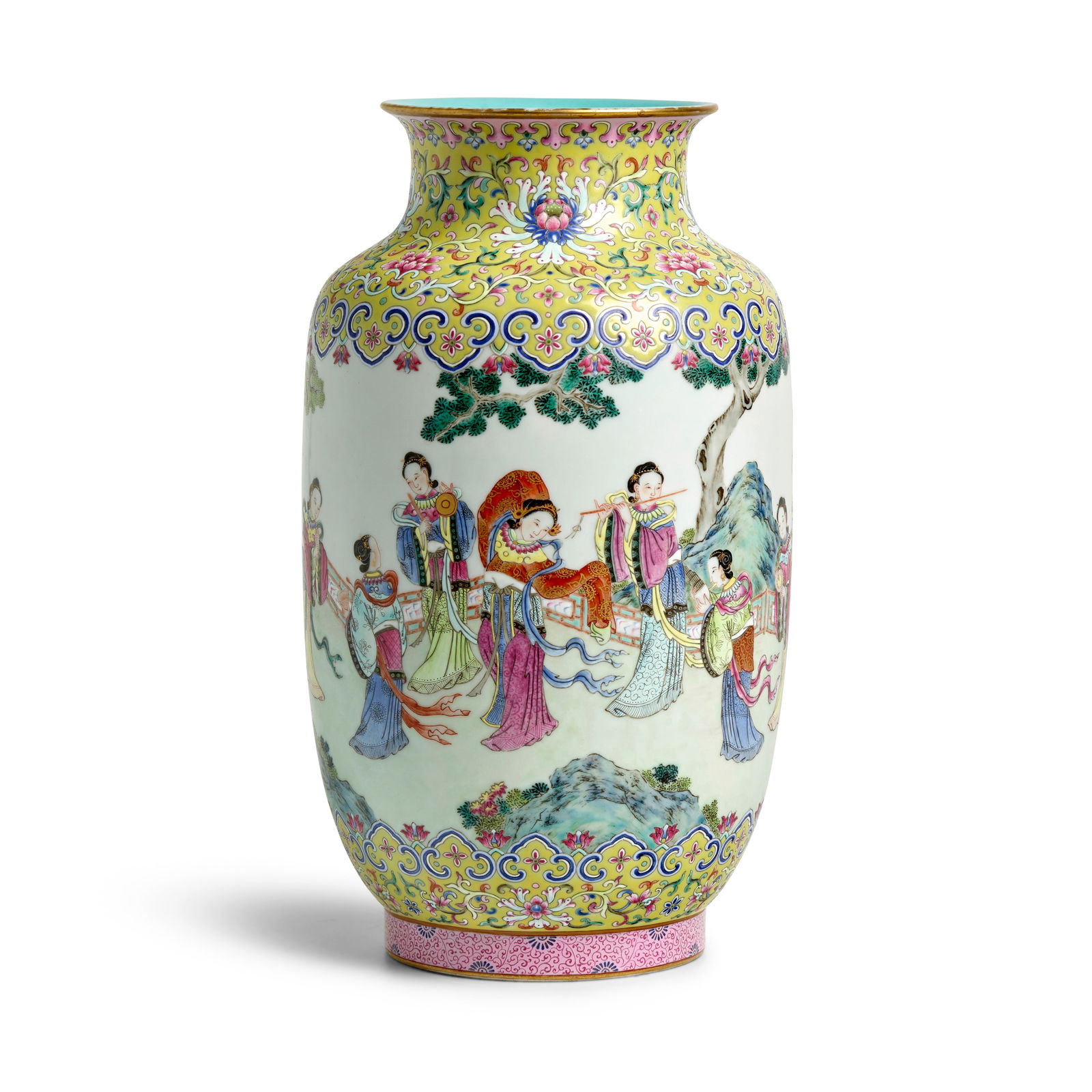 A FAMILLE ROSE 'LADIES' LANTERN VASE Jiaqing iron-red six-character seal mark and of the period ...: A FAMILLE ROSE 'LADIES' LANTERN VASE Jiaqing iron-red six-character seal mark and of the period The cylindrical body surmounted with a short neck and everted rim, superbly painted with twelve female e