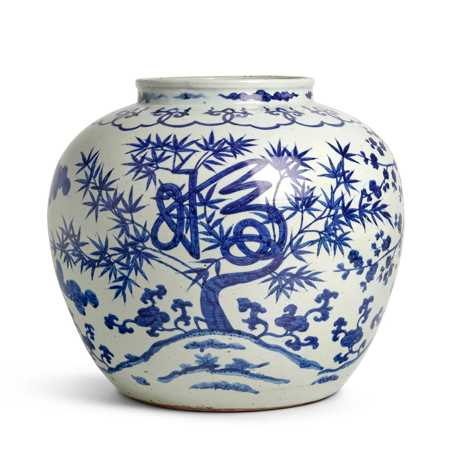 A LARGE BLUE AND WHITE 'THREE FRIENDS OF WINTER' AND 'SANXING' JAR Jiajing six-character mark an...: A LARGE BLUE AND WHITE 'THREE FRIENDS OF WINTER' AND 'SANXING' JAR Jiajing six-character mark and of the period The large characters of Fu, Lu, and Shou incorporated with stylized bamboo, blossoming p