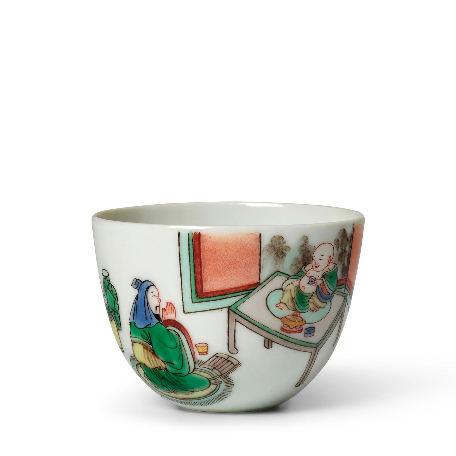 AN INSCRIBED FAMILLE VERTE 'SU JIN' WINE CUP Kangxi six-character mark within double circles and...: AN INSCRIBED FAMILLE VERTE 'SU JIN' WINE CUP Kangxi six-character mark within double circles and of the period The thinly potted sides rising from the recessed base, delicately painted with Su Jin sit