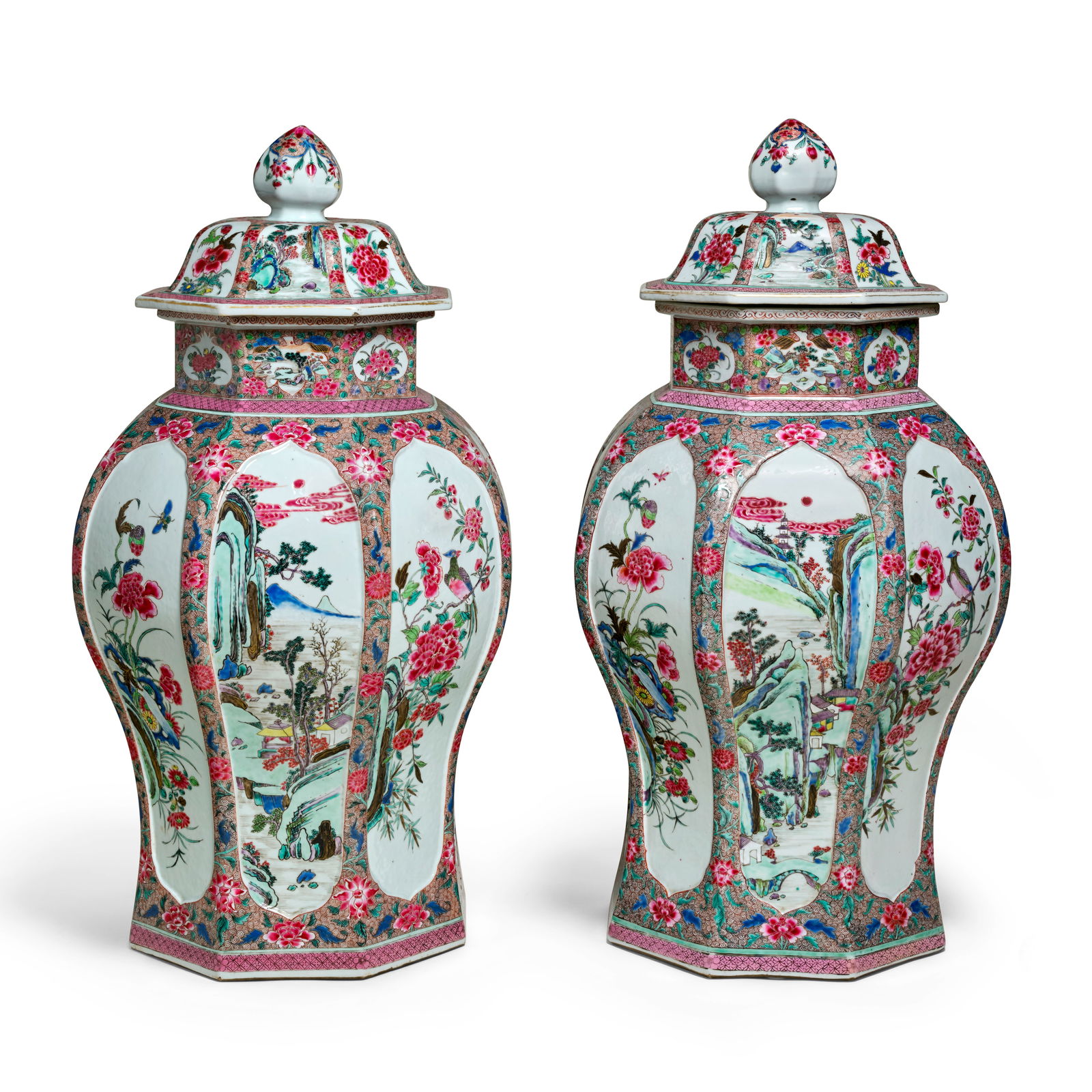 A PAIR OF EXTREMELY FINE FAMILLE ROSE OCTAGONAL BALUSTER JARS AND COVERS Qianlong period, circa ...: A PAIR OF EXTREMELY FINE FAMILLE ROSE OCTAGONAL BALUSTER JARS AND COVERS Qianlong period, circa 1740 The two octagonal baluster vases are decorated with attenuated oval panels on the side of the body