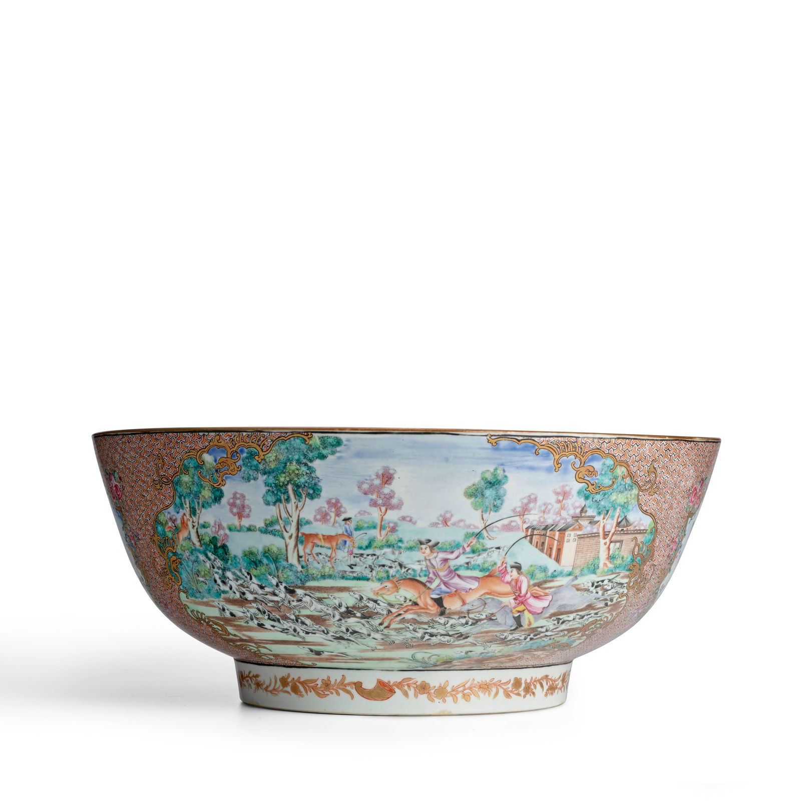 A RARE, FINE AND LARGE FAMILLE ROSE 'HUNTING' AND 'SHIP' PUNCH BOWL Qianlong period, circa 1785: A RARE, FINE AND LARGE FAMILLE ROSE 'HUNTING' AND 'SHIP' PUNCH BOWL Qianlong period, circa 1785 The exterior boldly and brightly enameled all round with two panels within scroll work and dragon heads