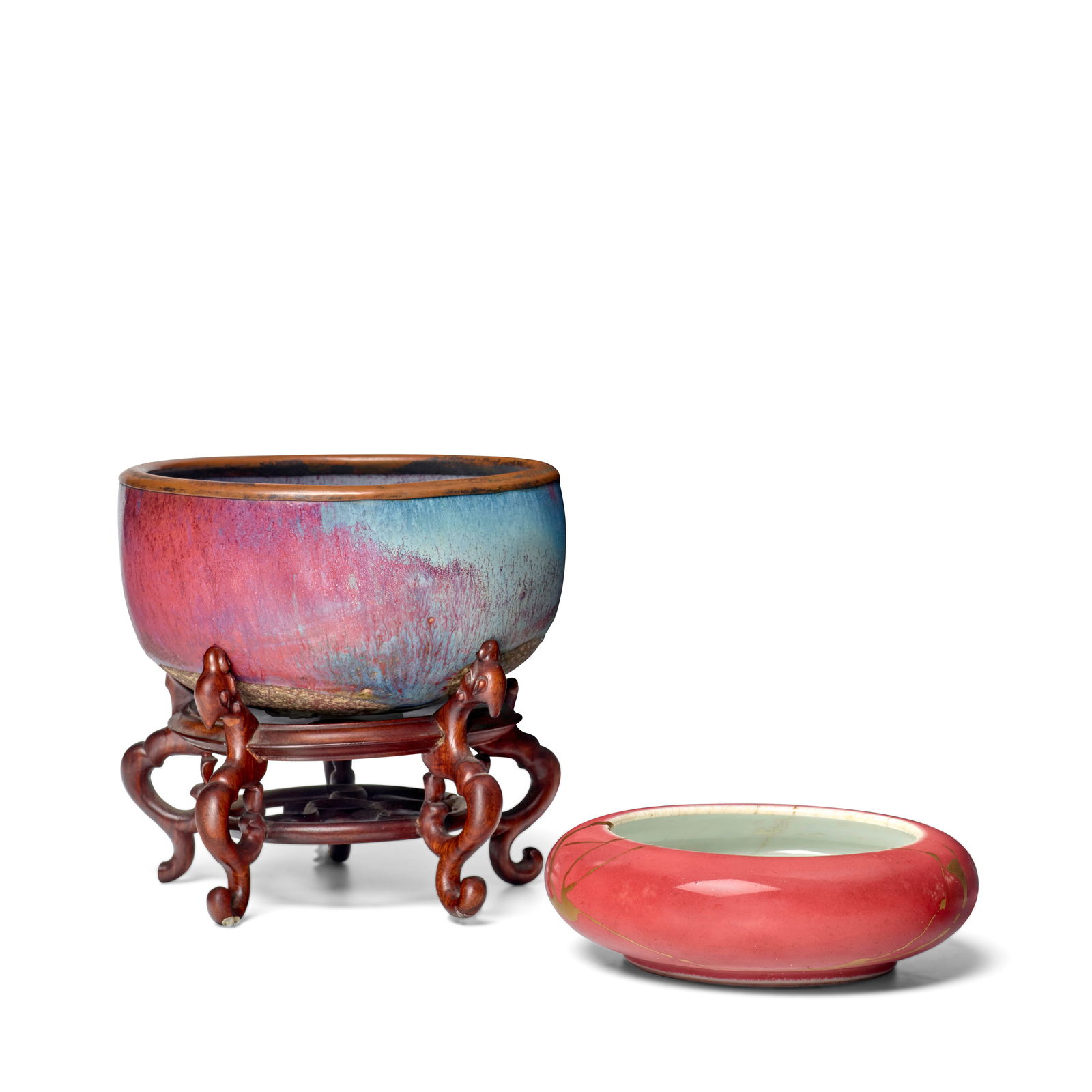 A PEACHBLOOM-GLAZED WASHER, TOGETHER WITH A PURPLE-SPLASHED JUN-GLAZED VESSEL The washer: Kangxi...: A PEACHBLOOM-GLAZED WASHER, TOGETHER WITH A PURPLE-SPLASHED JUN-GLAZED VESSEL The washer: Kangxi six-character mark and of the period; The vessel: Yuan/Ming Dynasty The washer of compressed body cover