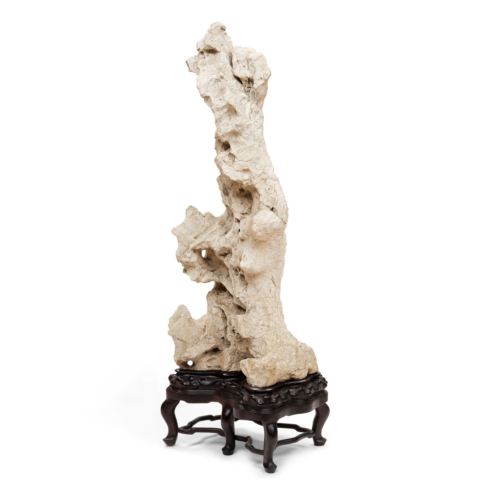 A RARE WHITE LINGBI 'BEAUTY-FORM' SCHOLAR'S ROCK Ming Dynasty: A RARE WHITE LINGBI 'BEAUTY-FORM' SCHOLAR'S ROCK Ming Dynasty Its pale surface subtly variegated with warm ivory and soft white tones, of slender, attenuated vertical form, rising and twisting upwards