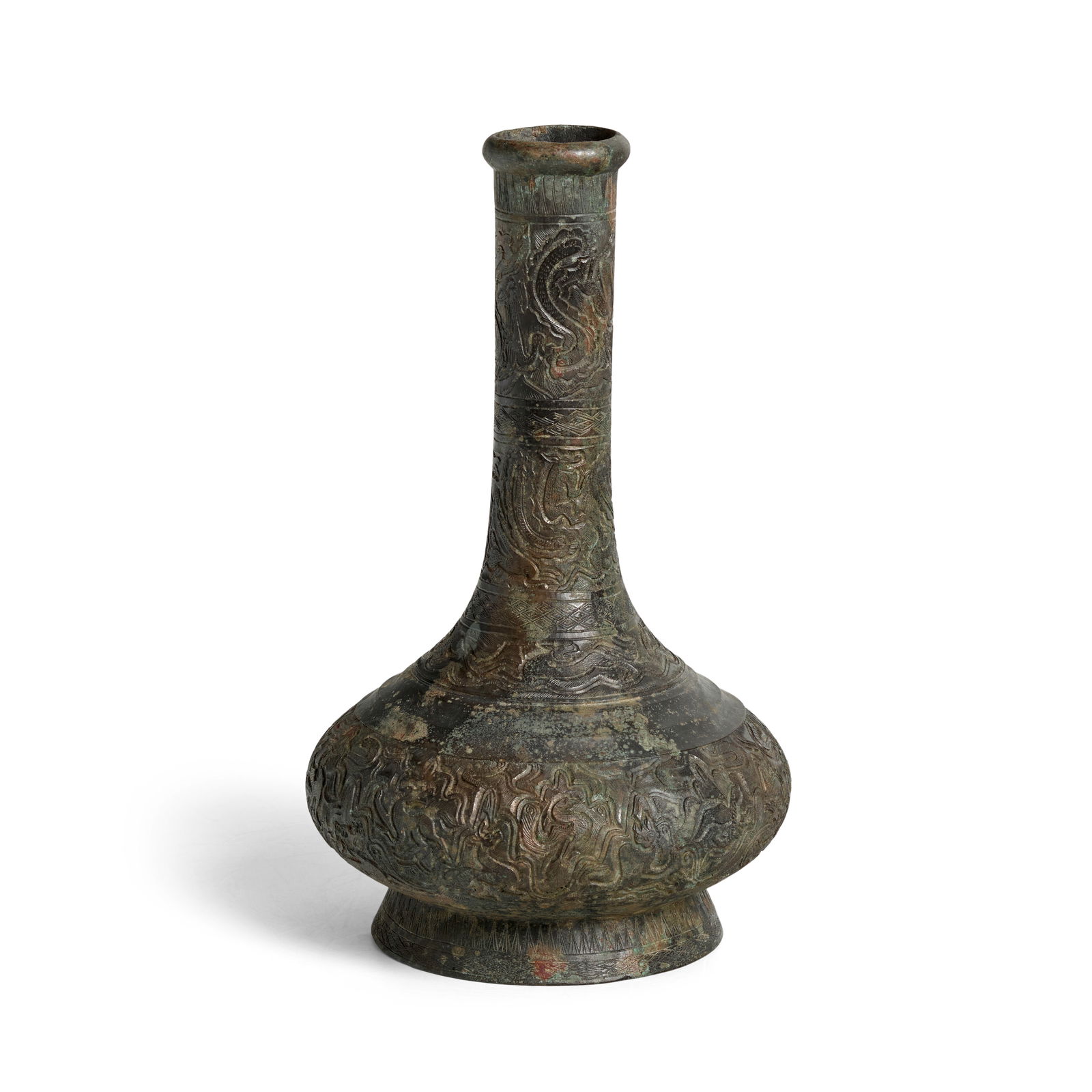 A BRONZE LONG-NECK 'MYTHICAL BEASTS' VASE Han Dynasty (red fitted box): A BRONZE LONG-NECK 'MYTHICAL BEASTS' VASE Han Dynasty Densely carved into four friezes depicting numerous fantastic birds, bears, deer, tortoise, dragons and winged creatures in a landscape of stylize