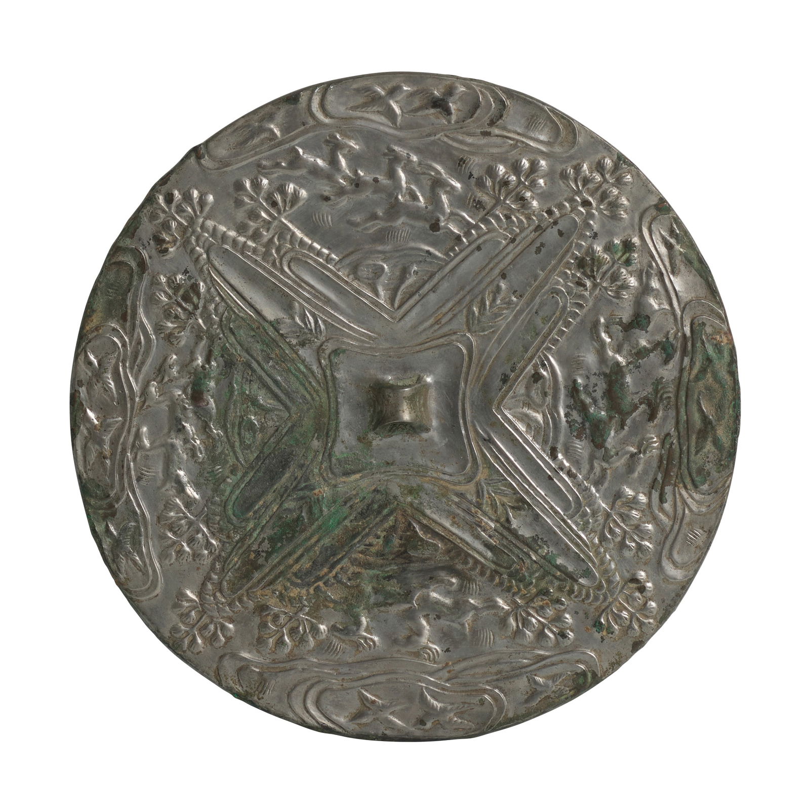 A RARE SILVERED-BRONZE 'MYSTIC MOUNTAINS' MIRROR Tang Dynasty (metal stand) (1 of 1)