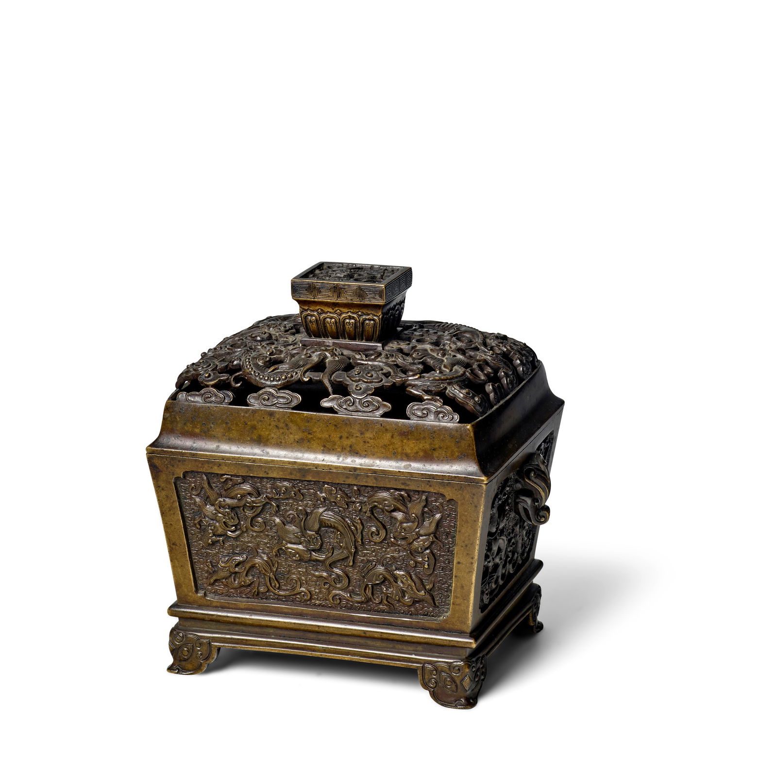 A BRONZE RECTANGULAR 'CHILONG' CENSER AND COVER 17th century: A BRONZE RECTANGULAR 'CHILONG' CENSER AND COVER 17th century Finely cast with relief panels enclosing dragons over dense ruyi-shaped clouds, the short sides flanked by a pair of mythical beast handles
