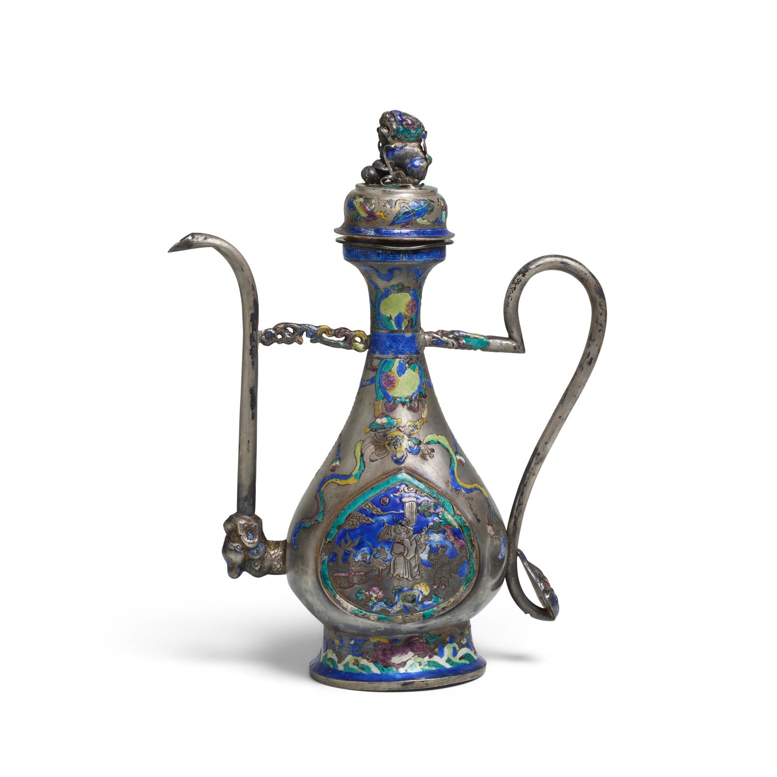 AN CHAMPLEVÉ-ENAMELED REPOUSSE SILVER WINE EWER AND COVER 17th/early 18th century, stamped ...: AN CHAMPLEVÉ-ENAMELED REPOUSSE SILVER WINE EWER AND COVER 17th/early 18th century, stamped silver mark Yuan Jin Of attenuated pear shape, each main side with a large, raised tear-drop panel, one