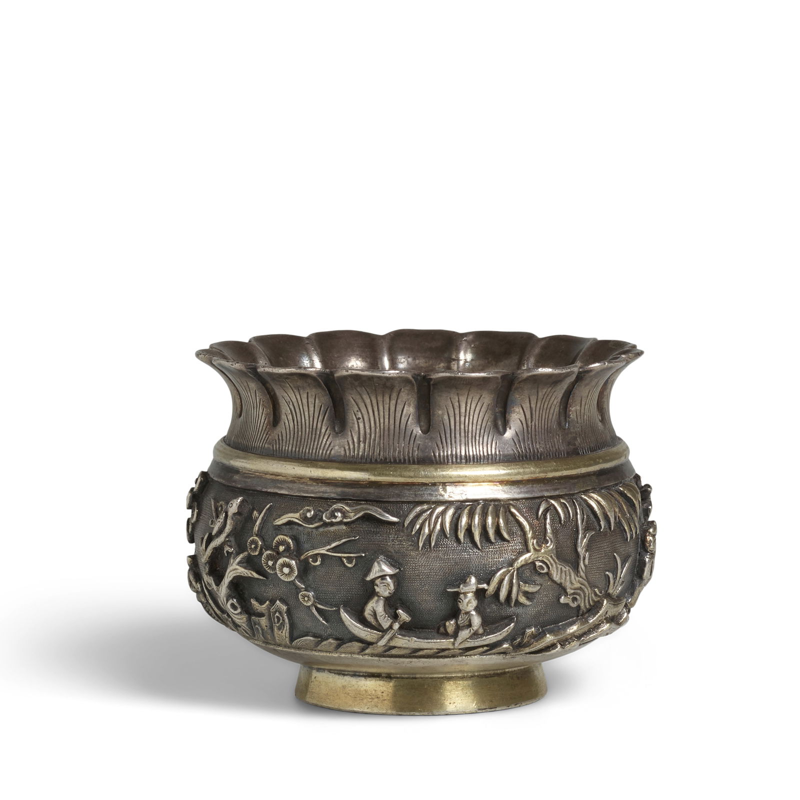 A RARE HIGH-RELIEF SILVER AND GILT BOWL-FORM INCENSE BURNER 18th century, engraved four-charact...: A RARE HIGH-RELIEF SILVER AND GILT BOWL-FORM INCENSE BURNER 18th century, engraved four-character mark, bai tai qing feng Of bombe shape, heavily cast, hammered, chased and applied with a continuous
