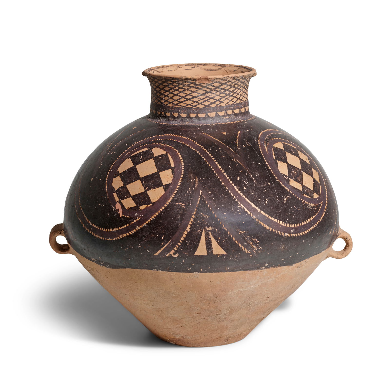 A LARGE NEOLITHIC PAINTED POTTERY JAR Majiayao culture: A LARGE NEOLITHIC PAINTED POTTERY JAR Majiayao culture The compressed globular body flanked by a pair of loop handles and tapering down to a small flat base, boldly painted with large medallions fille