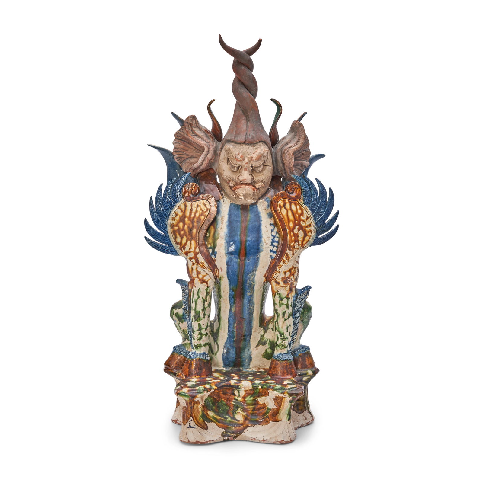 A BLUE AND SANCAI-GLAZED POTTERY EARTH SPIRIT Tang Dynasty (wood base) (1 of 1)