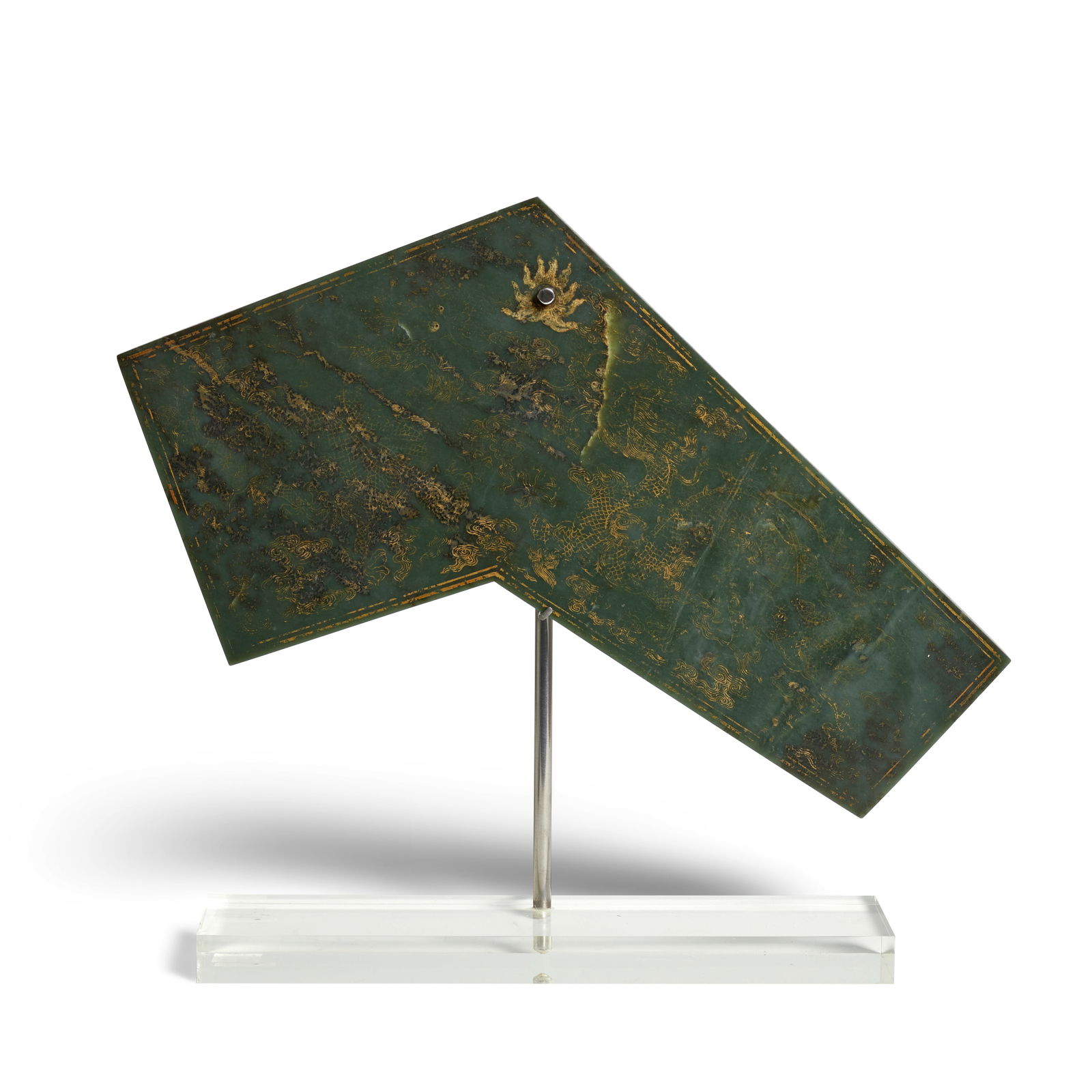 A IMPERIAL GILT-DECORATED SPINACH-GREEN JADE CHIME, QING Dated Qianlong 29th year, corresponding...: A IMPERIAL GILT-DECORATED SPINACH-GREEN JADE CHIME, QING Dated Qianlong 29th year, corresponding to 1764 The dark green stone shaped as an asymmetric chevron, with one squared end angled to the longer