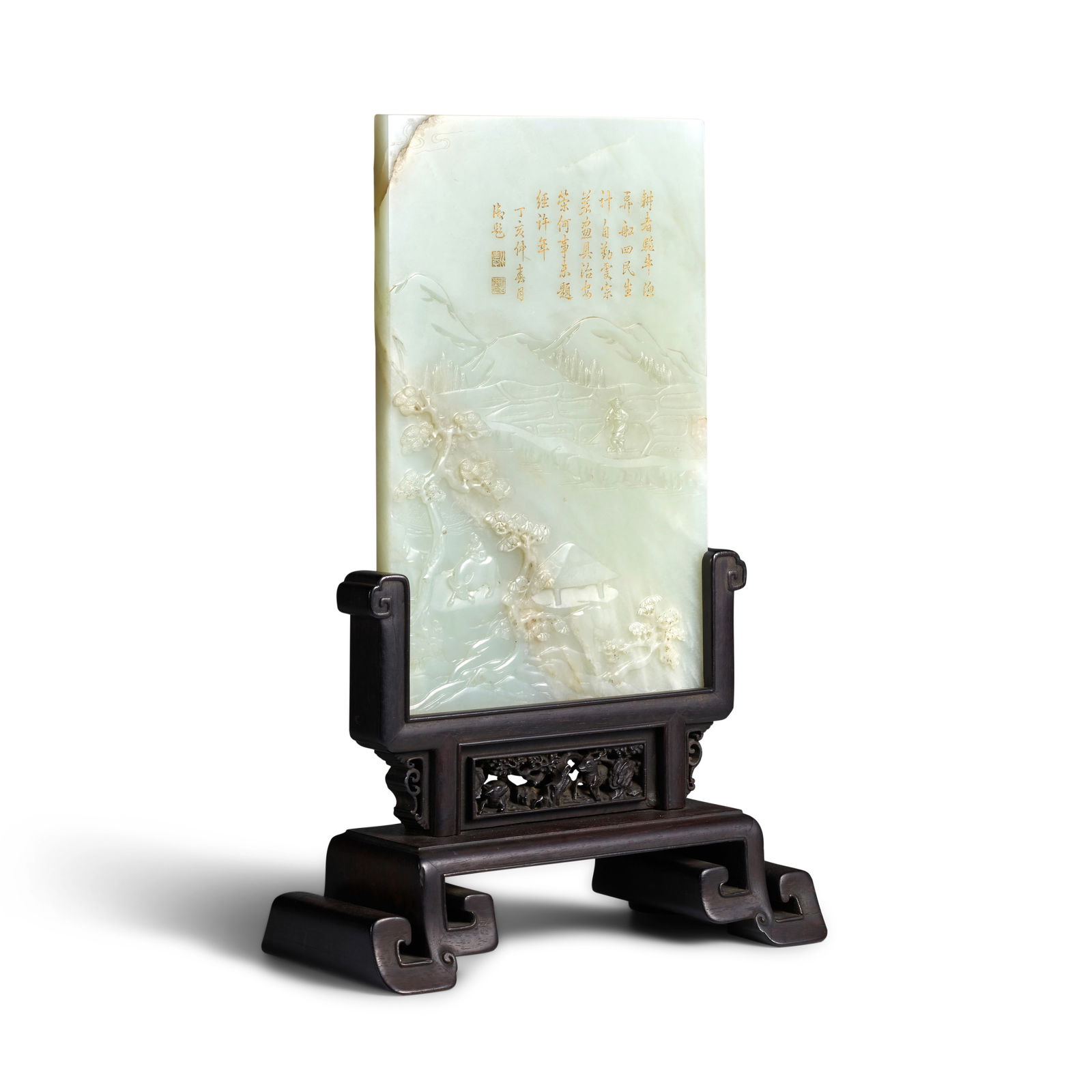 AN IMPERIAL GILT-INSCRIBED WHITE JADE TABLE SCREEN Qianlong, the imperial poem dated to the Ding...: AN IMPERIAL GILT-INSCRIBED WHITE JADE TABLE SCREEN Qianlong, the imperial poem dated to the Ding Hai year (1767) The mountain landscape depicting a water buffalo and rider strolling away from the rive