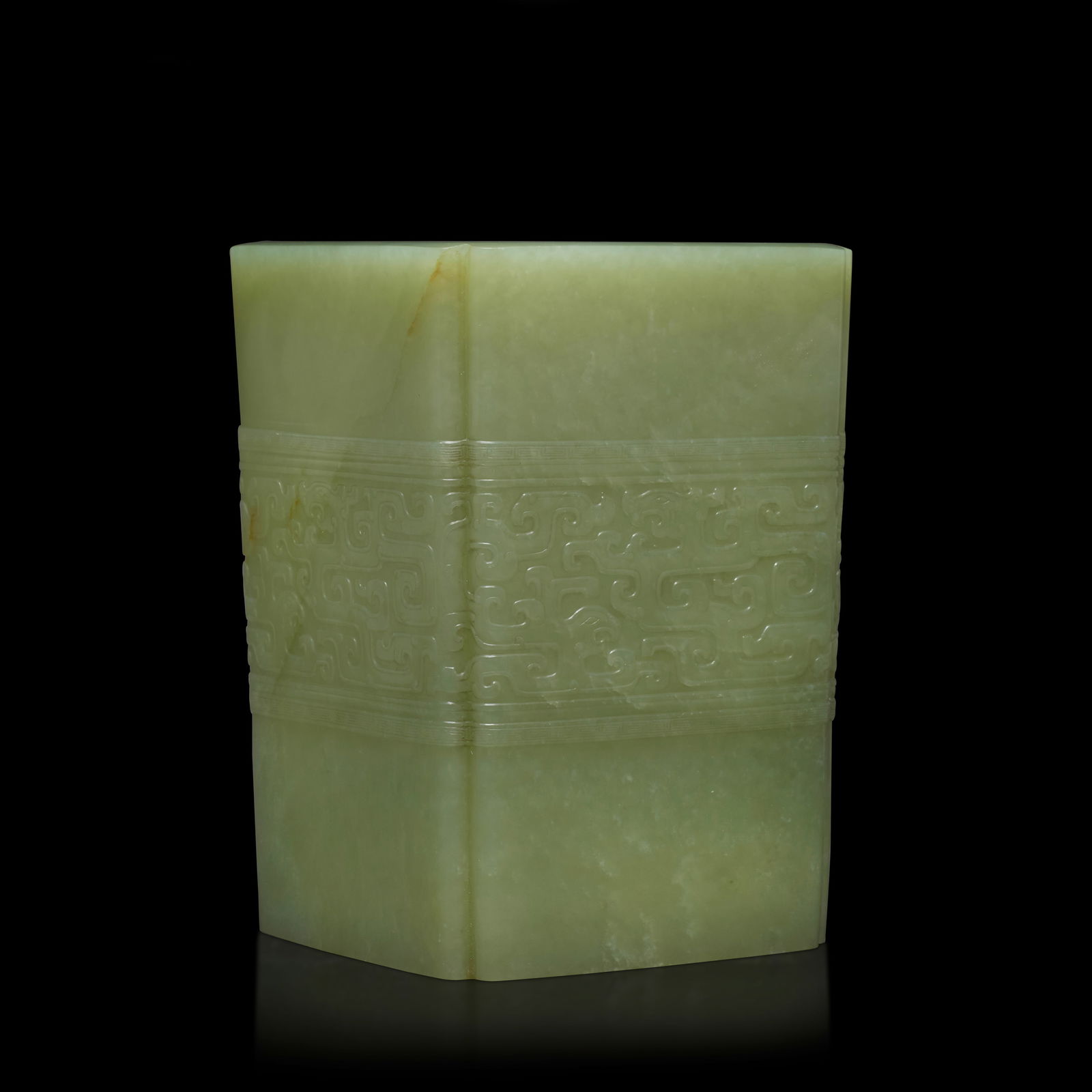 A FINE YELLOW JADE 'CHILONG' BRUSHPOT, BITONG Qianlong four-character seal mark, 18th/19th centu...: A FINE YELLOW JADE 'CHILONG' BRUSHPOT, BITONG Qianlong four-character seal mark, 18th/19th century Of slightly flaring square section with indented corners, well hollowed and finely decorated on the e