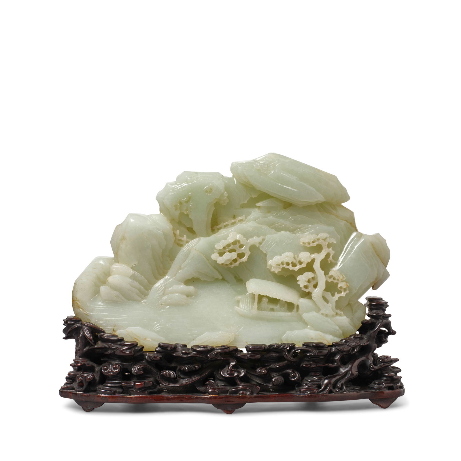 A GREENISH WHITE JADE LANDSCAPE BOULDER Late Qing Dynasty (fitted wood stand and fabric box): A GREENISH WHITE JADE LANDSCAPE BOULDER Late Qing Dynasty Of irregular outline, the stone deeply carved with two figures sitting in a riverboat, situated within a formidable mountainous landscape with