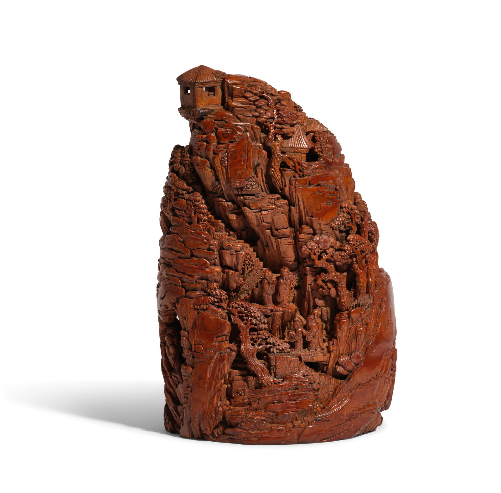 A SPLENDID CARVED BAMBOO ROOT 'LANDSCAPE' BOULDER Mid-Qing Dynasty, signature of Li Liufang (box): A SPLENDID CARVED BAMBOO ROOT 'LANDSCAPE' BOULDER Mid-Qing Dynasty, signature of Li Liufang Superbly carved as a continuous scene of a scholarly gathering nestled in the hills of an elaborate mountain