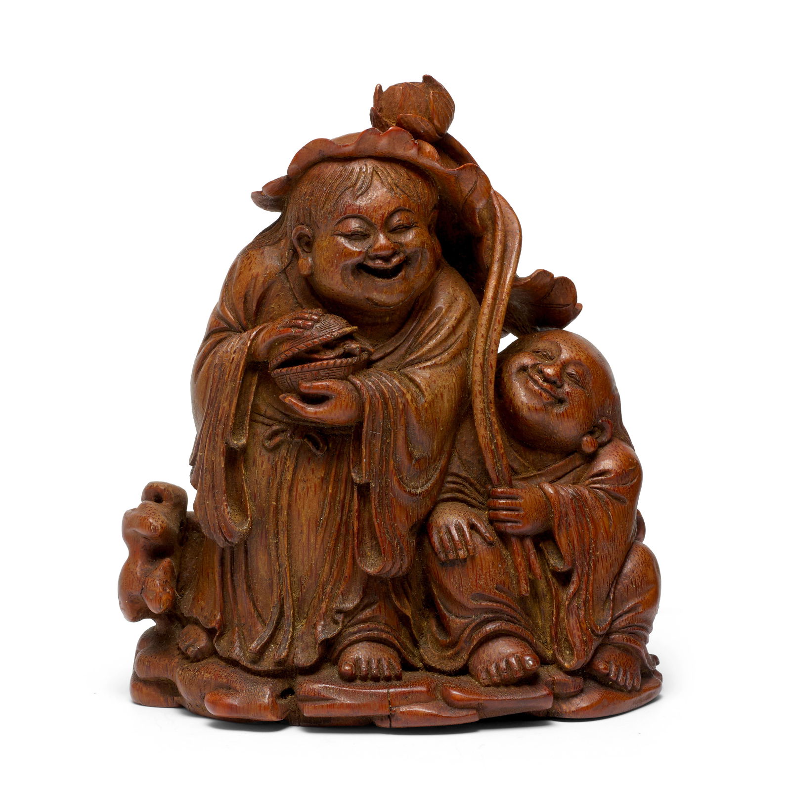 A BAMBOO ROOT CARVING OF HANSHAN AND SHIDE 18/19th century, seal and signature of Shi Tianzhang ...: A BAMBOO ROOT CARVING OF HANSHAN AND SHIDE 18/19th century, seal and signature of Shi Tianzhang Finely carved in the form of the Hehe Erxian standing side by side atop an integral rock-form base, both