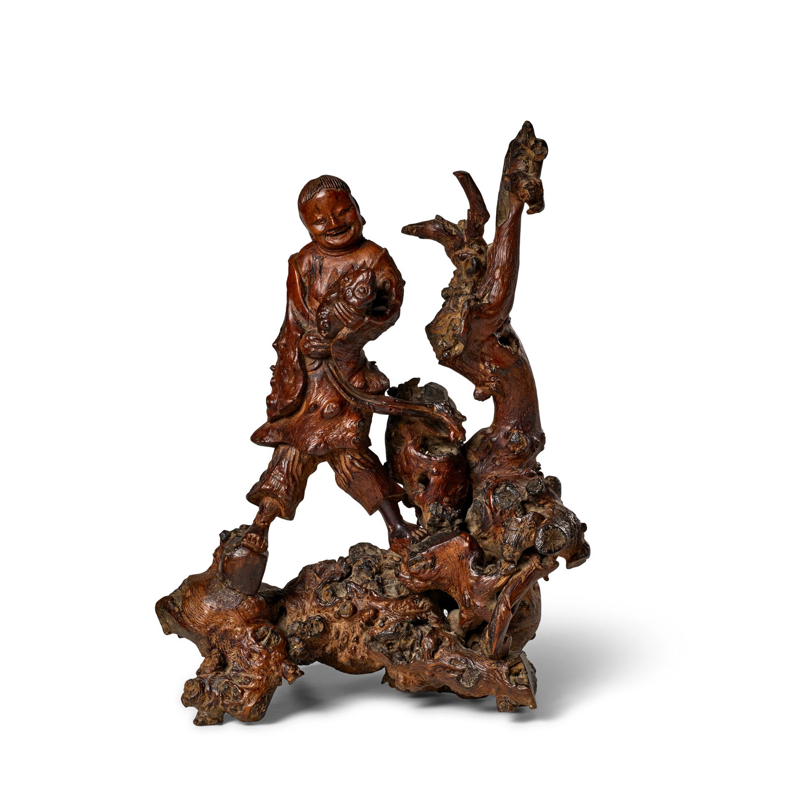 AN UNUSUAL ROOTWOOD STUDY OF LIUHAI Qing Dynasty: AN UNUSUAL ROOTWOOD STUDY OF LIUHAI Qing Dynasty The wizened ascetic gazing affectionately at his three-legged toad companion as he balances on a gnarled tree trunk fashioned from a root wood section,