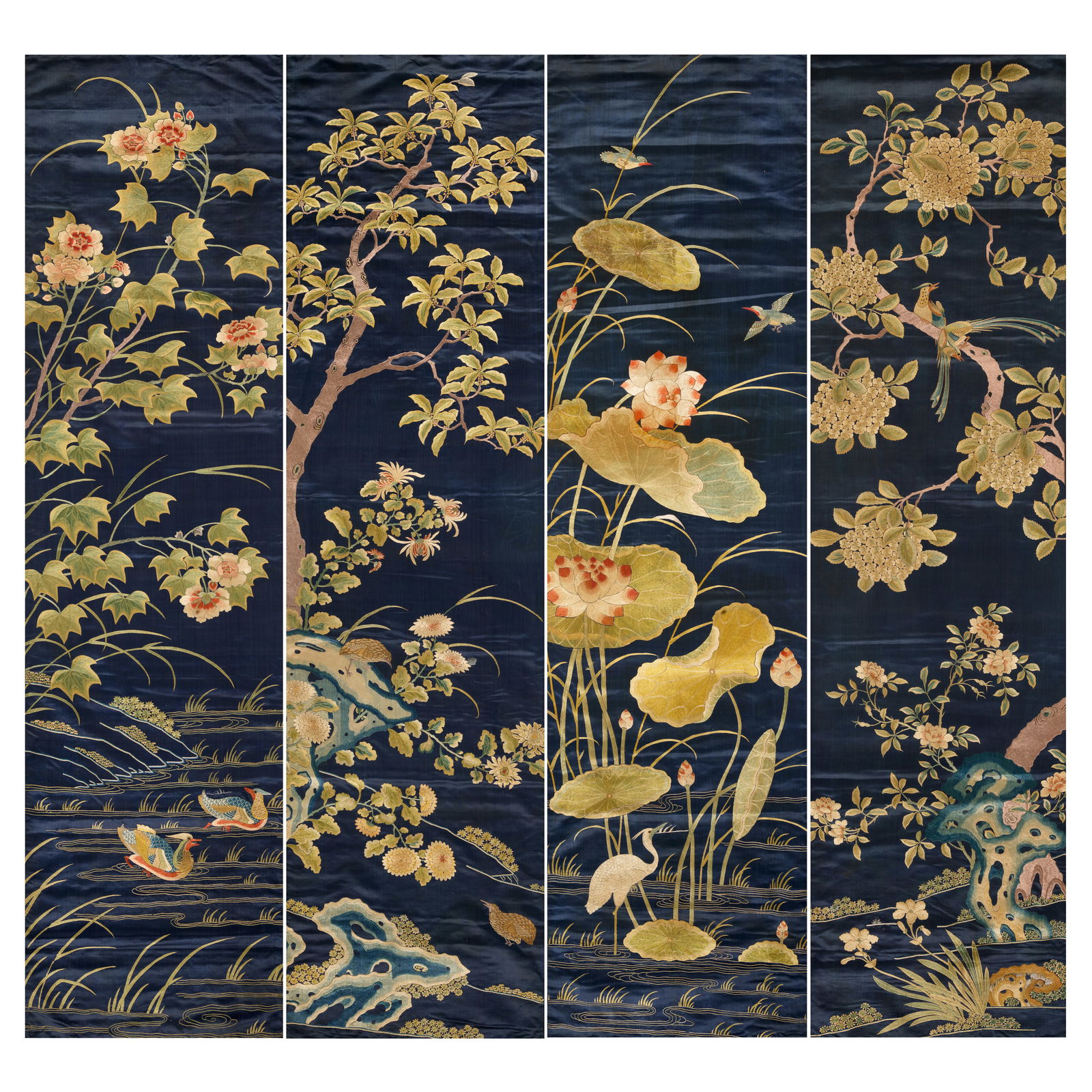FOUR 'BIRD AND FLOWER' EMBROIDERED SILK PANELS Late Qing Dynasty: FOUR 'BIRD AND FLOWER' EMBROIDERED SILK PANELS Late Qing Dynasty The birds and plants rendered in a naturalistic style, the first panel with a pair of pheasant, hydrangeas, rosebush, and day lily; the
