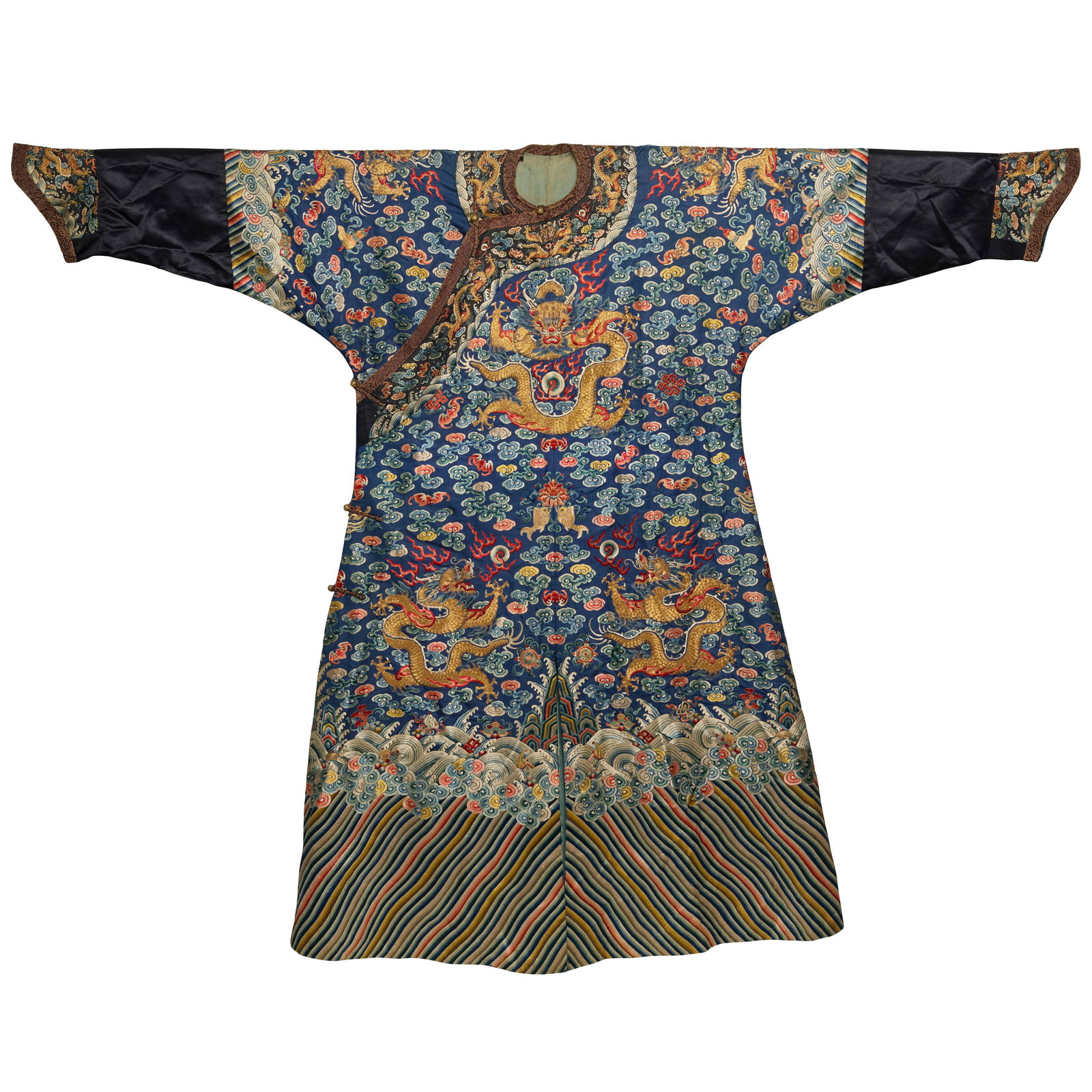 A BLUE-GROUND SILK EMBROIDERED 'DRAGON' ROBE, JIFU First half of 19th century: A BLUE-GROUND SILK EMBROIDERED 'DRAGON' ROBE, JIFU First half of 19th century The chest, shoulders and back each with a five-clawed dragon encircling a flaming pearl, four further dragons and a final