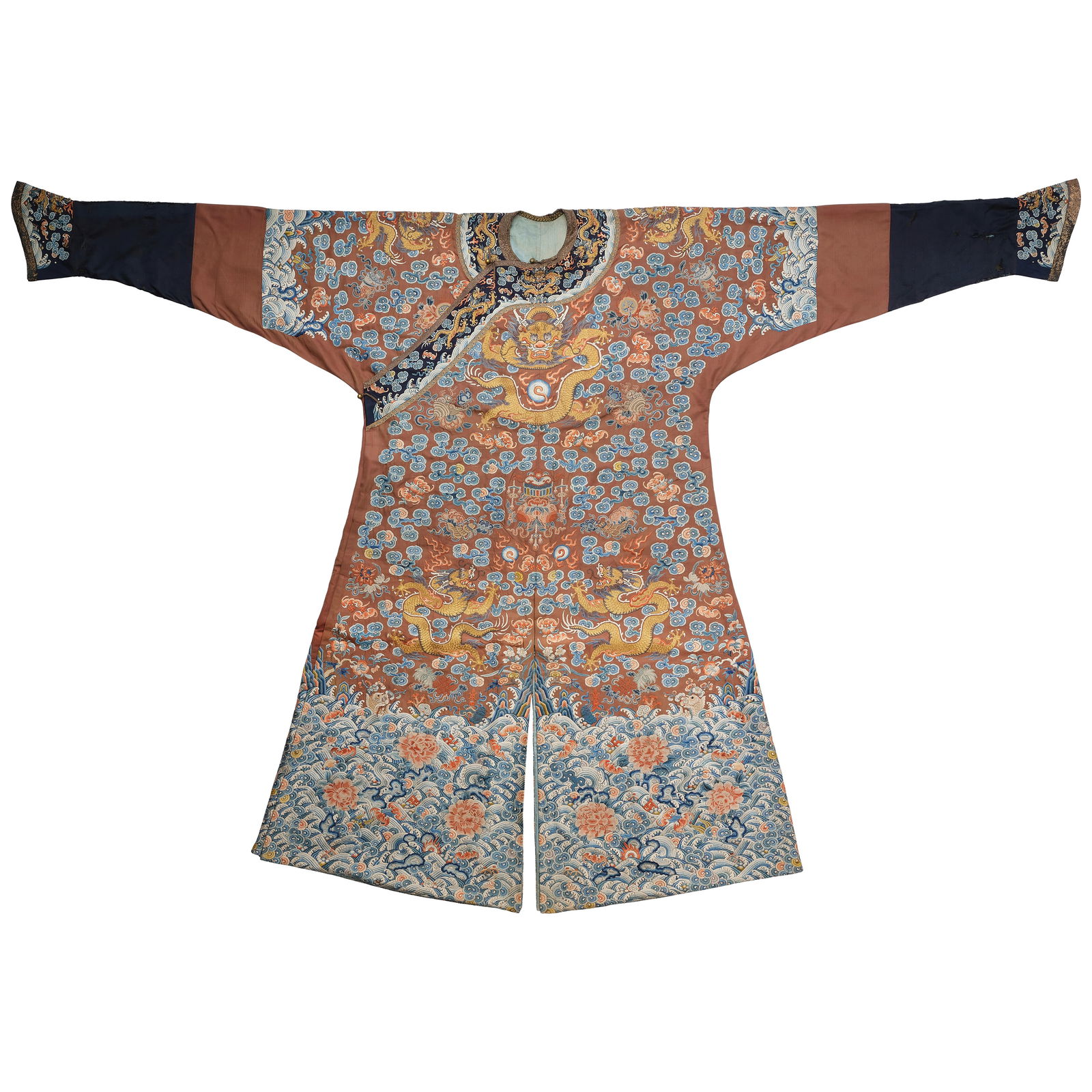A CHESTNUT-GROUND SILK EMBROIDERED 'DRAGON' ROBE, JIFU Qianlong/Jiaqing period: A CHESTNUT-GROUND SILK EMBROIDERED 'DRAGON' ROBE, JIFU Qianlong/Jiaqing period The reddish-brown silk ground meticulously worked with eight writhing five-clawed dragons on the front and back panels, a