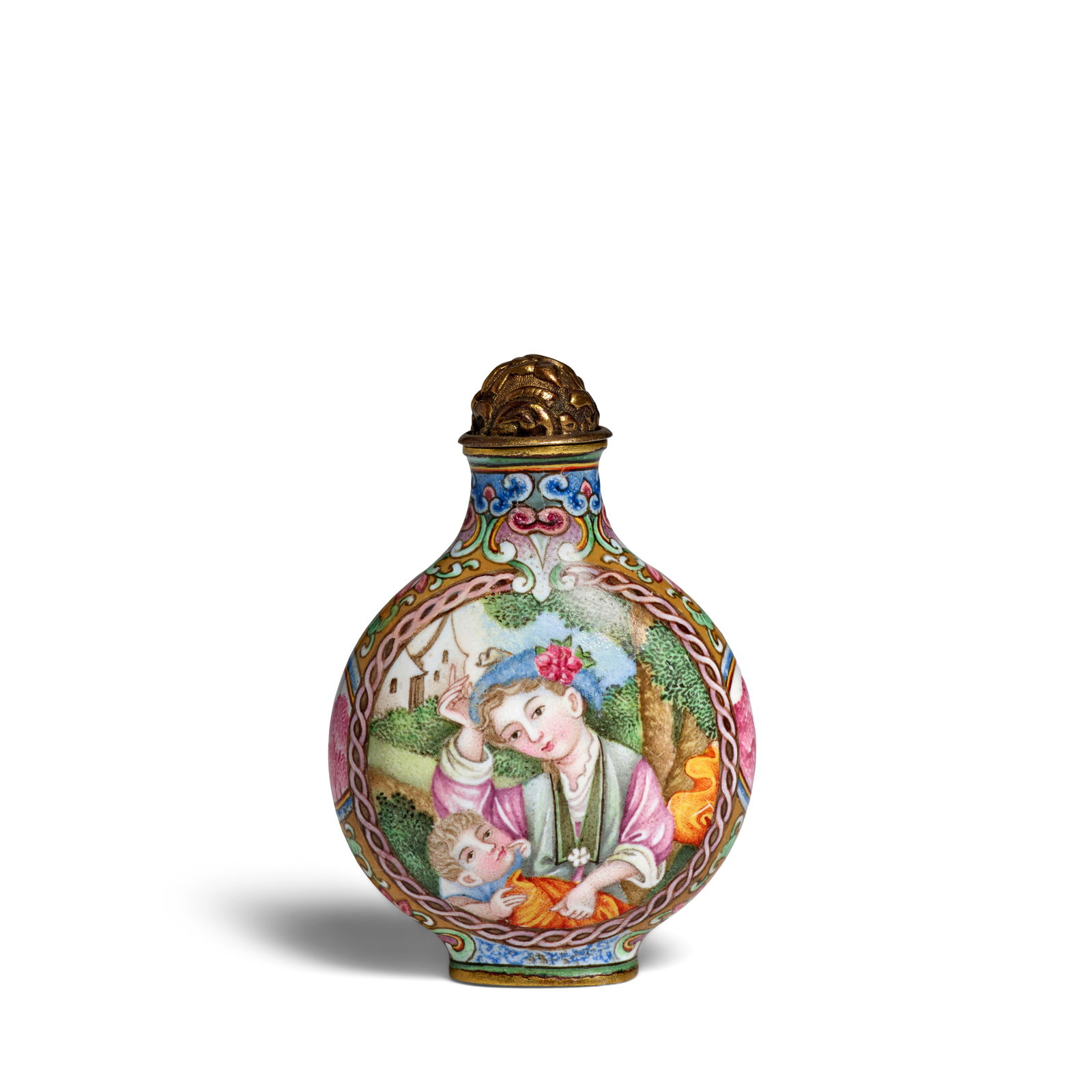 A RARE IMPERIAL BEIJING ENAMEL EUROPEAN-SUBJECT SNUFF BOTTLE Blue enamel four-character Qianlong...: A RARE IMPERIAL BEIJING ENAMEL EUROPEAN-SUBJECT SNUFF BOTTLE Blue enamel four-character Qianlong mark and of the period, Palace Workshops, 1736-1760 Of oval shape, delicately painted in soft pastel co