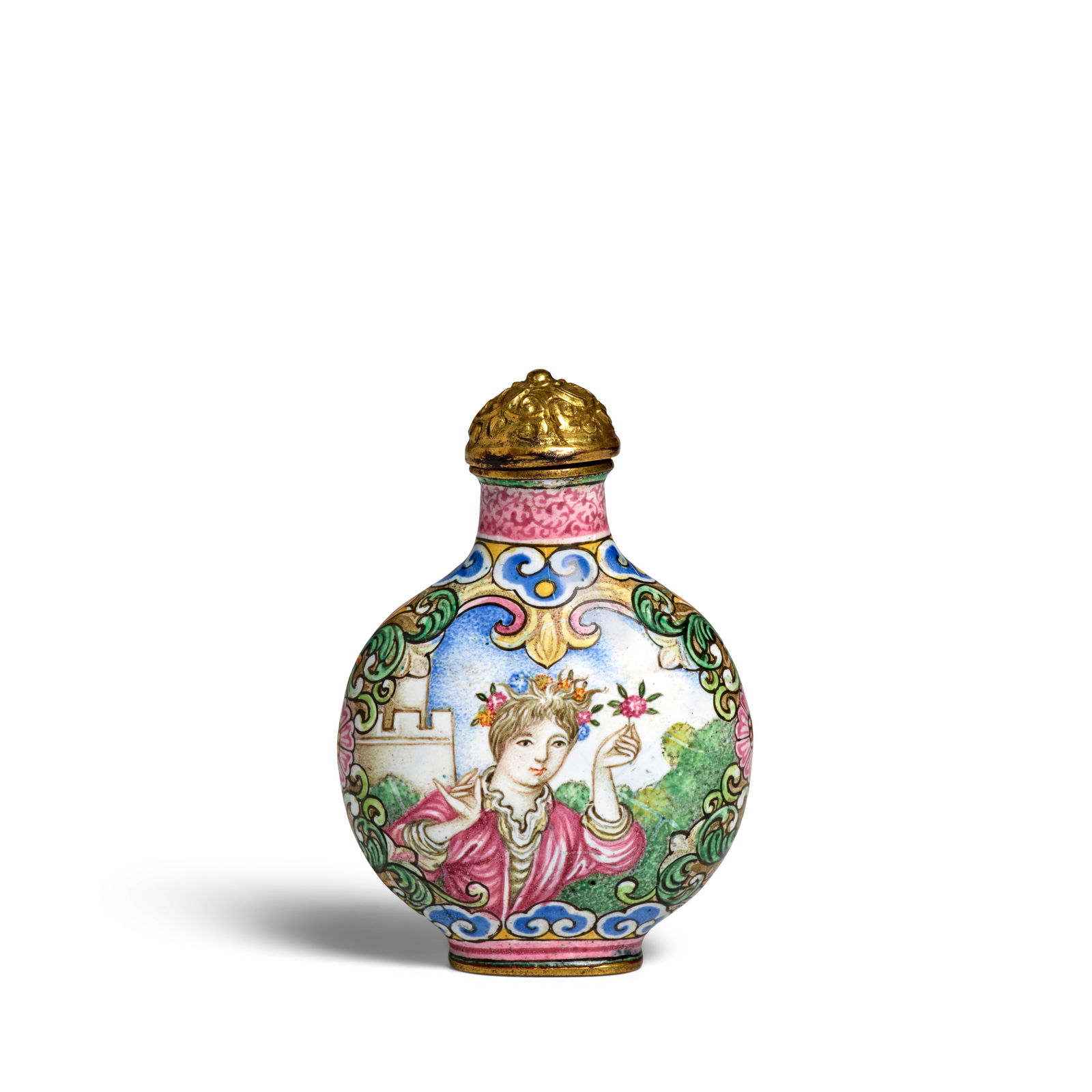 A FINE IMPERIAL BEIJING ENAMEL EUROPEAN-SUBJECT SNUFF BOTTLE Blue enamel four-character Qianlong...: A FINE IMPERIAL BEIJING ENAMEL EUROPEAN-SUBJECT SNUFF BOTTLE Blue enamel four-character Qianlong mark and of the period, Palace Workshops, 1736-1770 Of oval shape, painted in bright colors with a youn