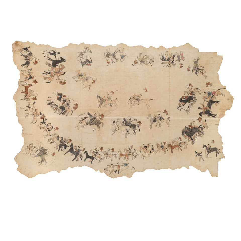A Hunkpapa Lakota (Sioux) pictorial muslin depicting exploits of Sitting Bull (Tatanka Yotanka): A Hunkpapa Lakota (Sioux) pictorial muslin depicting exploits of Sitting Bull (Tatanka Yotanka) With possible attribution to Four Horns (Heu-Topa, c. 1814-1886/87), cut to resemble a buffalo or elk
