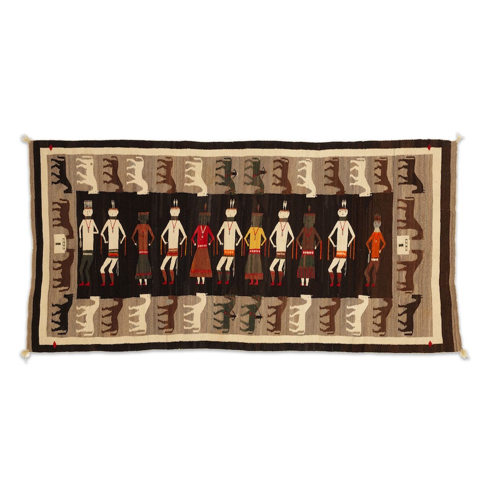 A Diné (Navajo) pictorial rug: A Diné (Navajo) pictorial rug Finely woven, centering a row of 11 Yei figures, encircled by 32 horses, four with riders, set within a double banded frame. size approximately 4ft 4in x 8ft