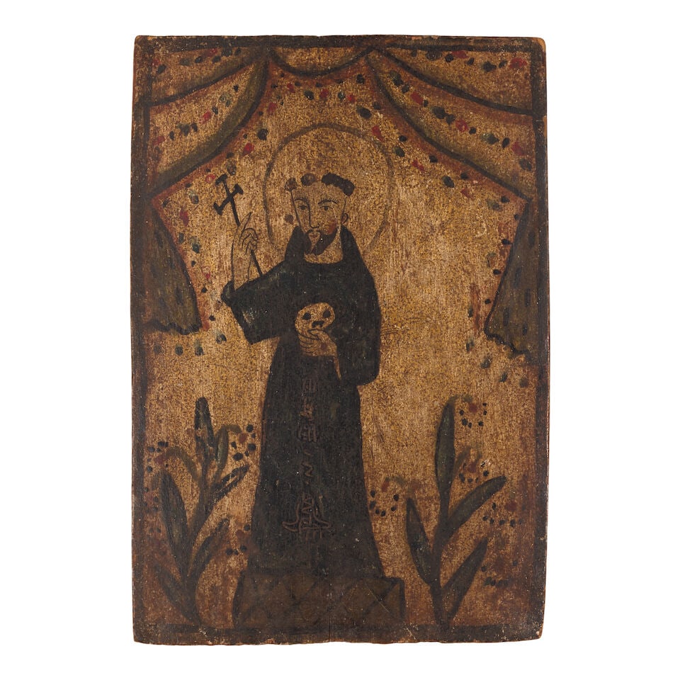 A New Mexican Retablo: A New Mexican Retablo Depicting St. Francis of Assisi holding a skull and cross and flanked by flowering plants and hanging draperies, tempera and gesso on hand-adzed wood board. height 12 1/4in,