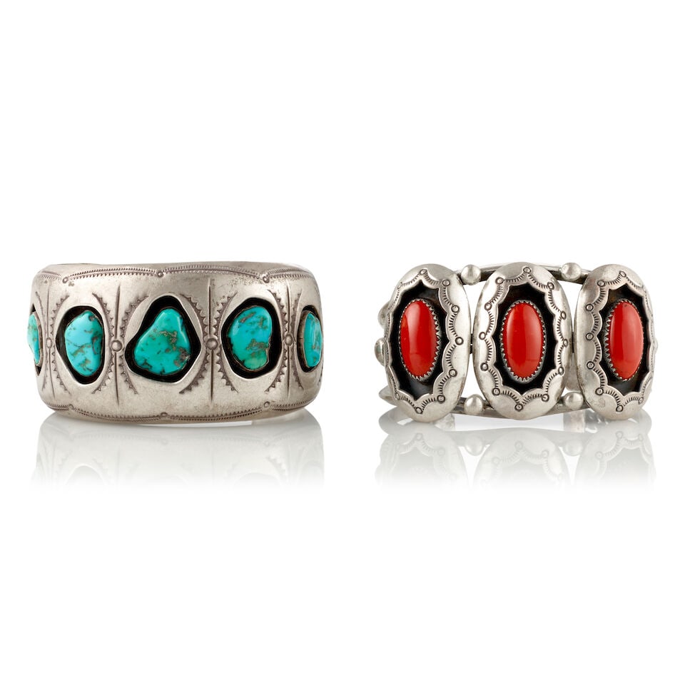 Two Diné (Navajo) cuff bracelets: Two Diné (Navajo) cuff bracelets Two shadowbox-style cuff bracelets, the first: with stamp work on the interior and exterior and set with five turquoise, stamped for maker: C.O. Lee, and: 919;