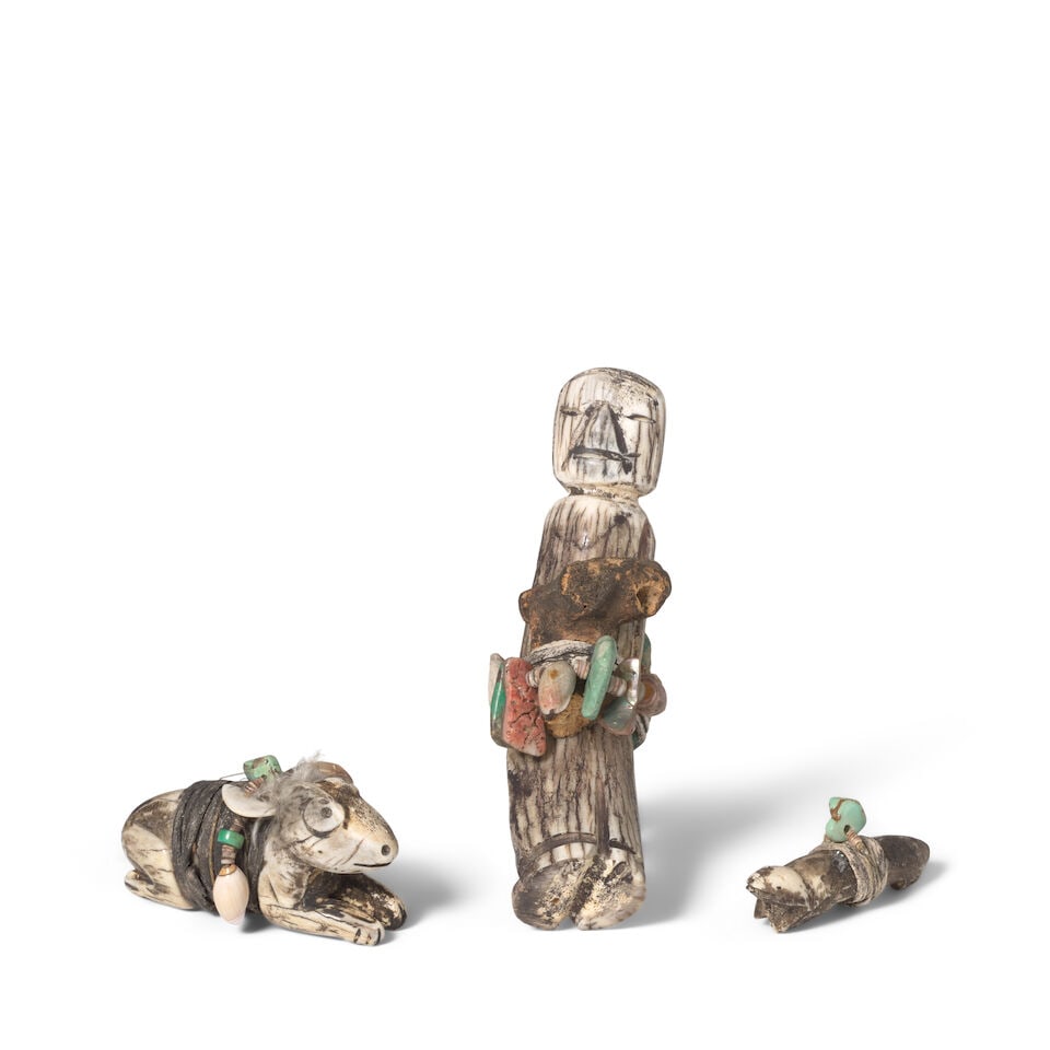 Three Teddy Weahkee carvings: Teddy Weahkee Zuni, (1890-1965), three carvings, each of antler, including a humanoid figure with turquoise, heishi, shell and coral accents; and two animals with turquoise and shell accents, each