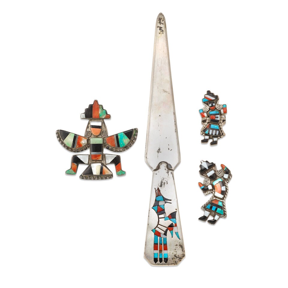 Four Pueblo multi-stone inlaid silver objects (1 of 1)