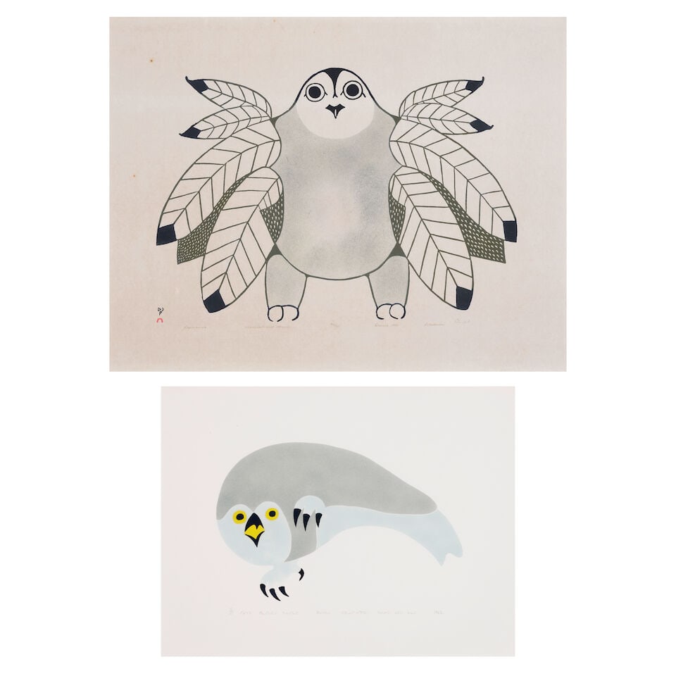 Two Inuit prints: Paulosie Sivuak 'White Owl' and Pitaloosie Saila, 'Kopinawak' (1 of 5)