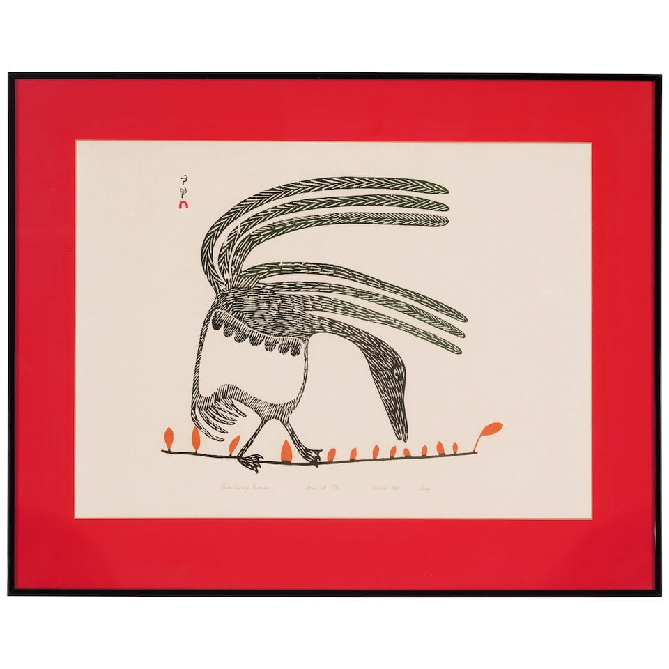 A Lucy Qinnuayuak stonecut, 'Bird Eating Berries', 1968 (1 of 2)